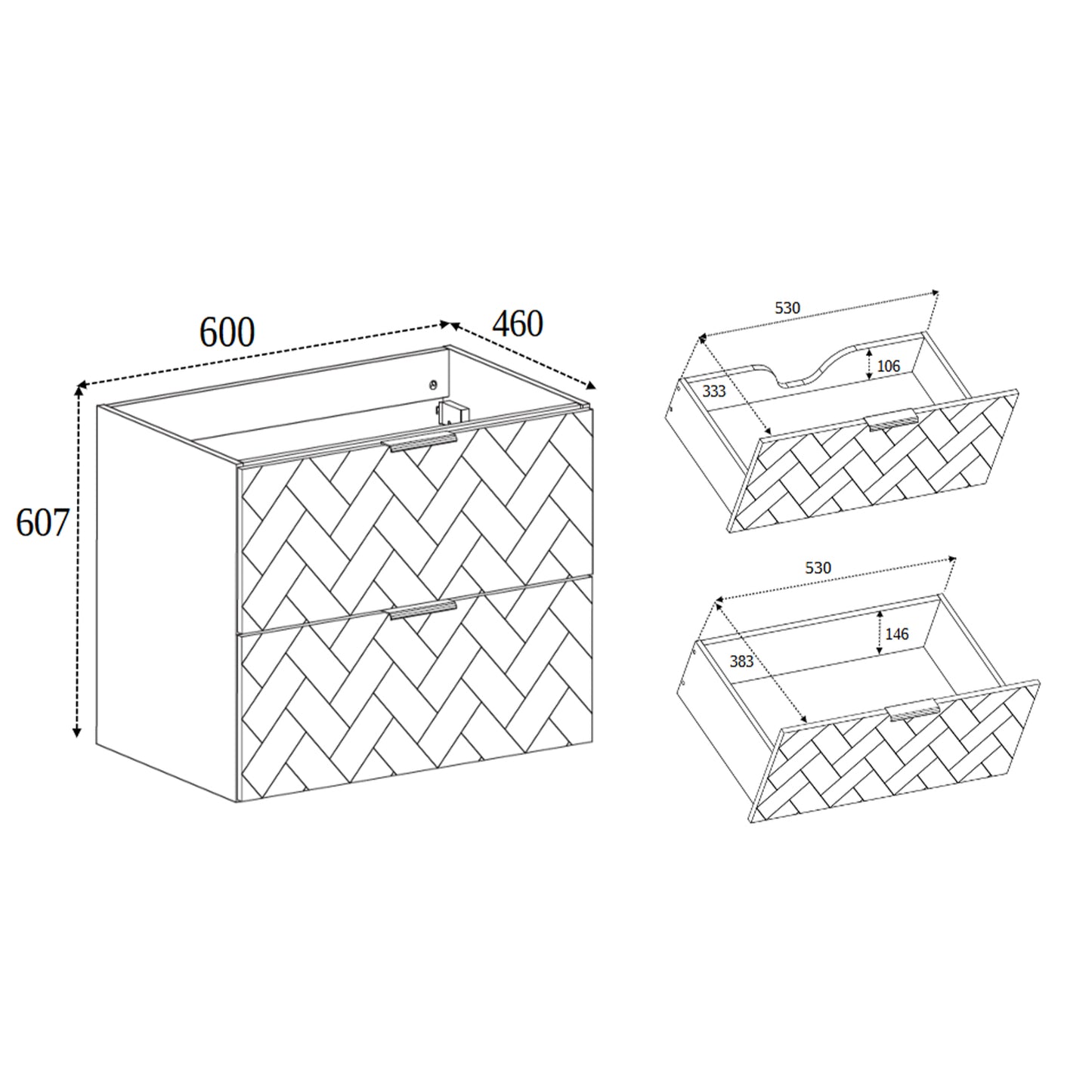 Trend Herringbone Pattern Door 60cm Bathroom Cabinet Vanity Unit with Worktop - White