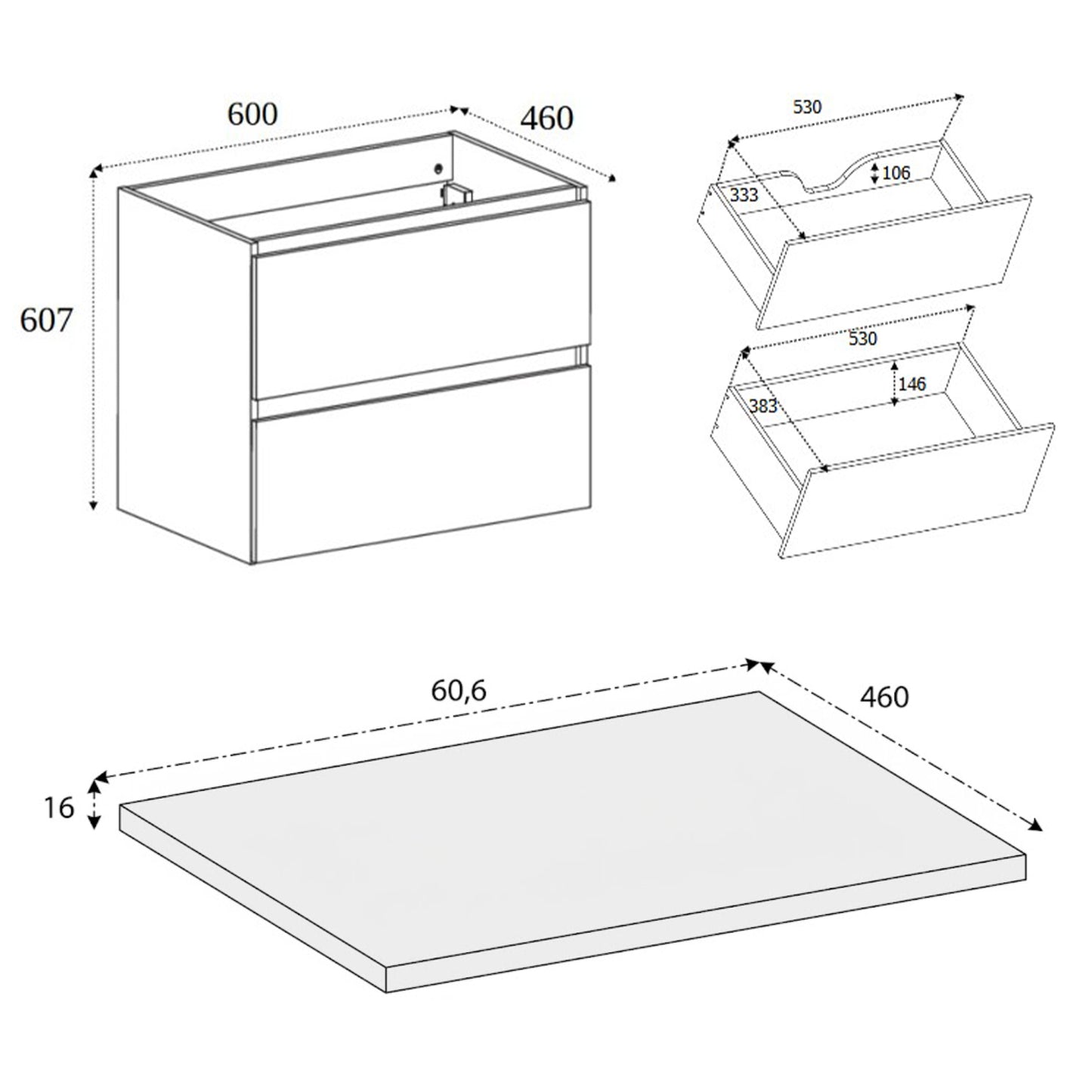 Simple Minimalist Bathroom Vanity Cabinet 60cm with Worktop Basin - Walnut