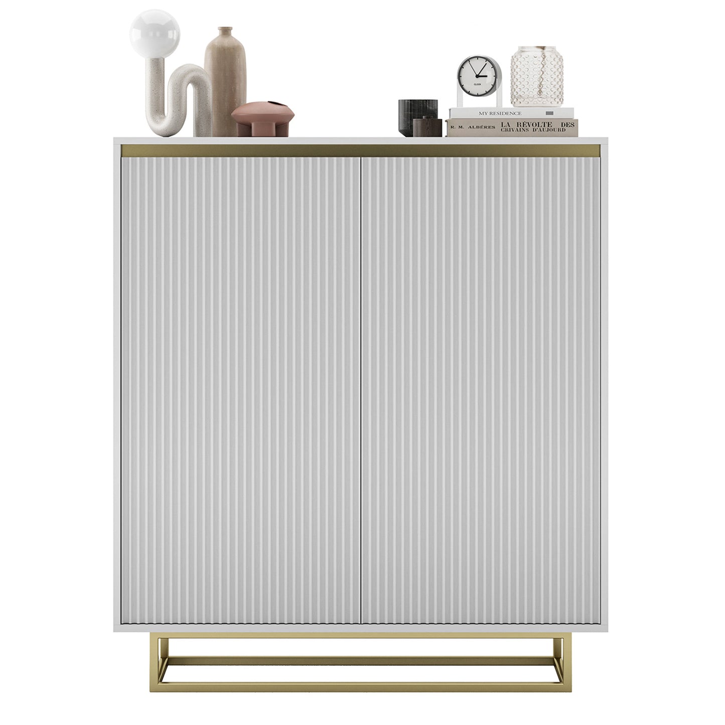 Selene Fluted Storage Cabinet – 2-Door Modern Sideboard - White / Gold Frame