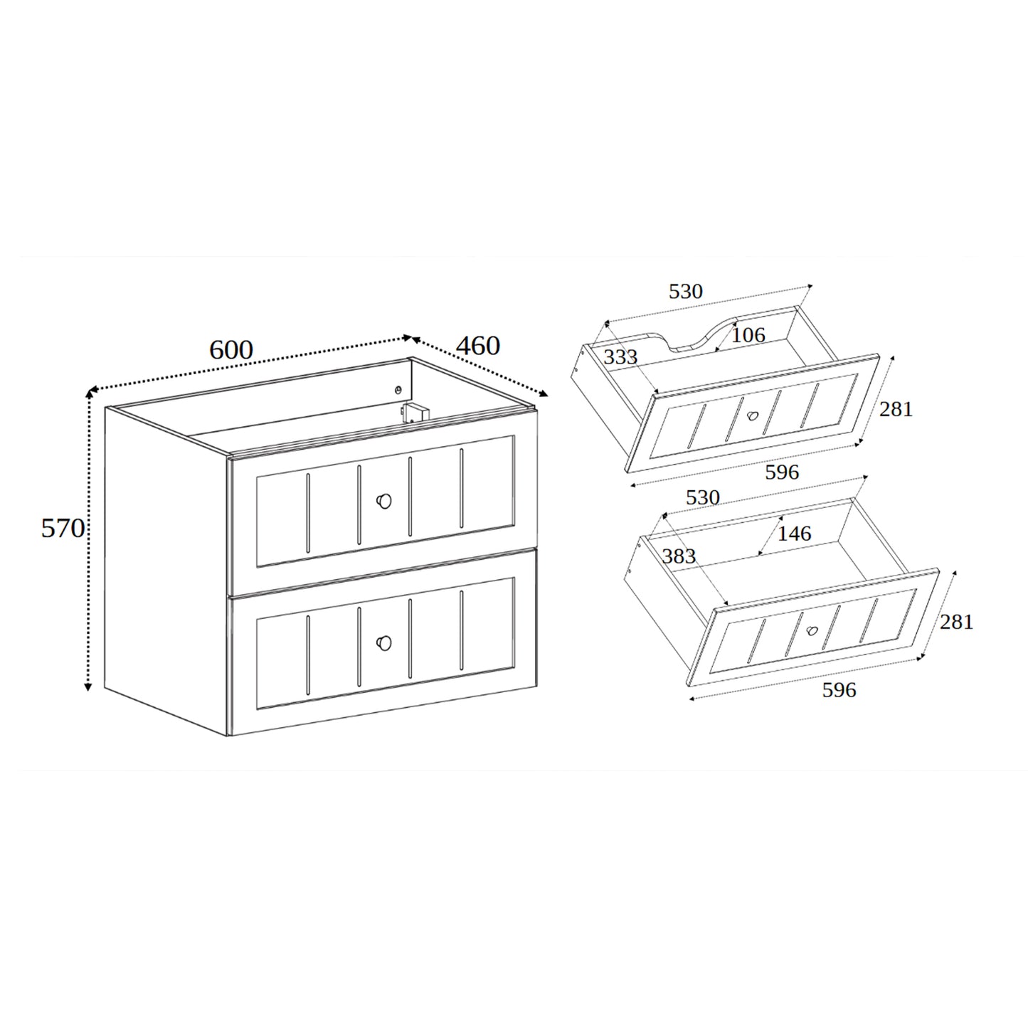 Gusto Scandi Style 2 Drawer Wall Cabinet Vanity Unit with Worktop 60cm - Cashmere