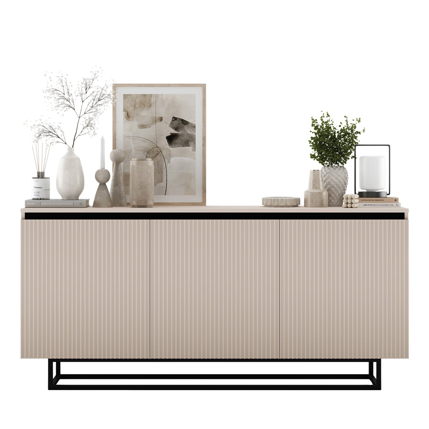 Selene Modern Ribbed-Texture Chest of Drawers with 3 Doors - Cashmere / Black Frame