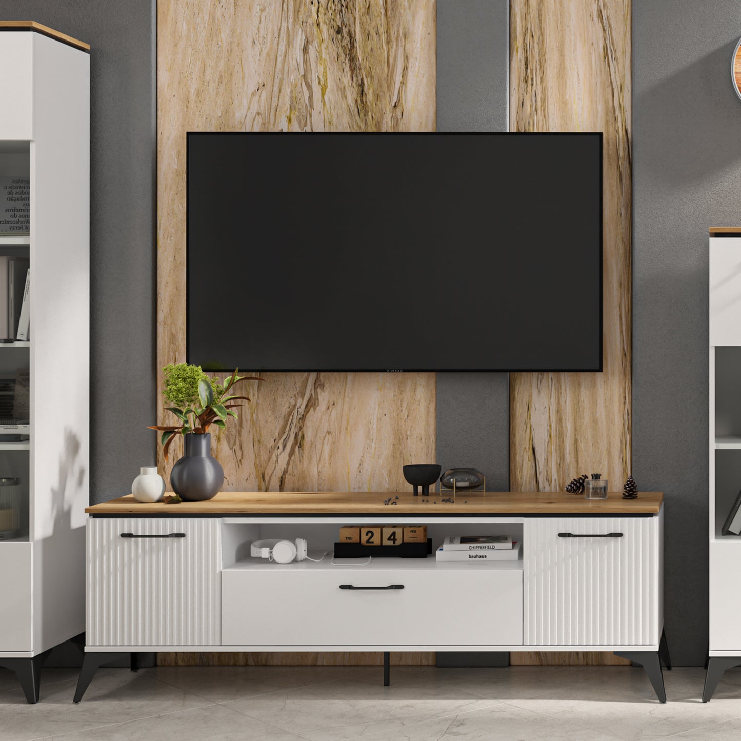 Velutto TV unit Storages and Drawer Contemporary Style - White / Evoke Oak
