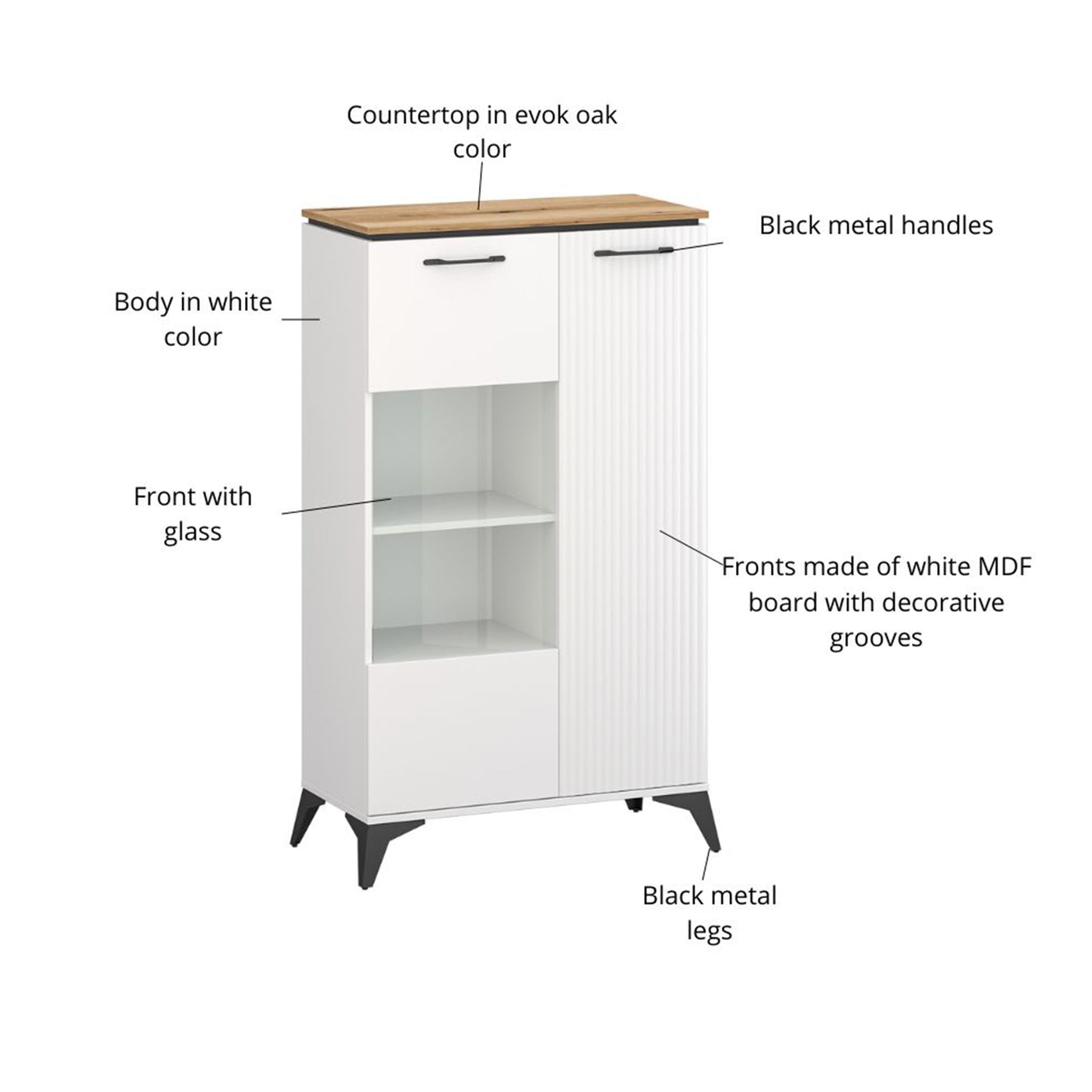 Velutto Low Display Cabinet Contemporary Style - White / Evoke Oak