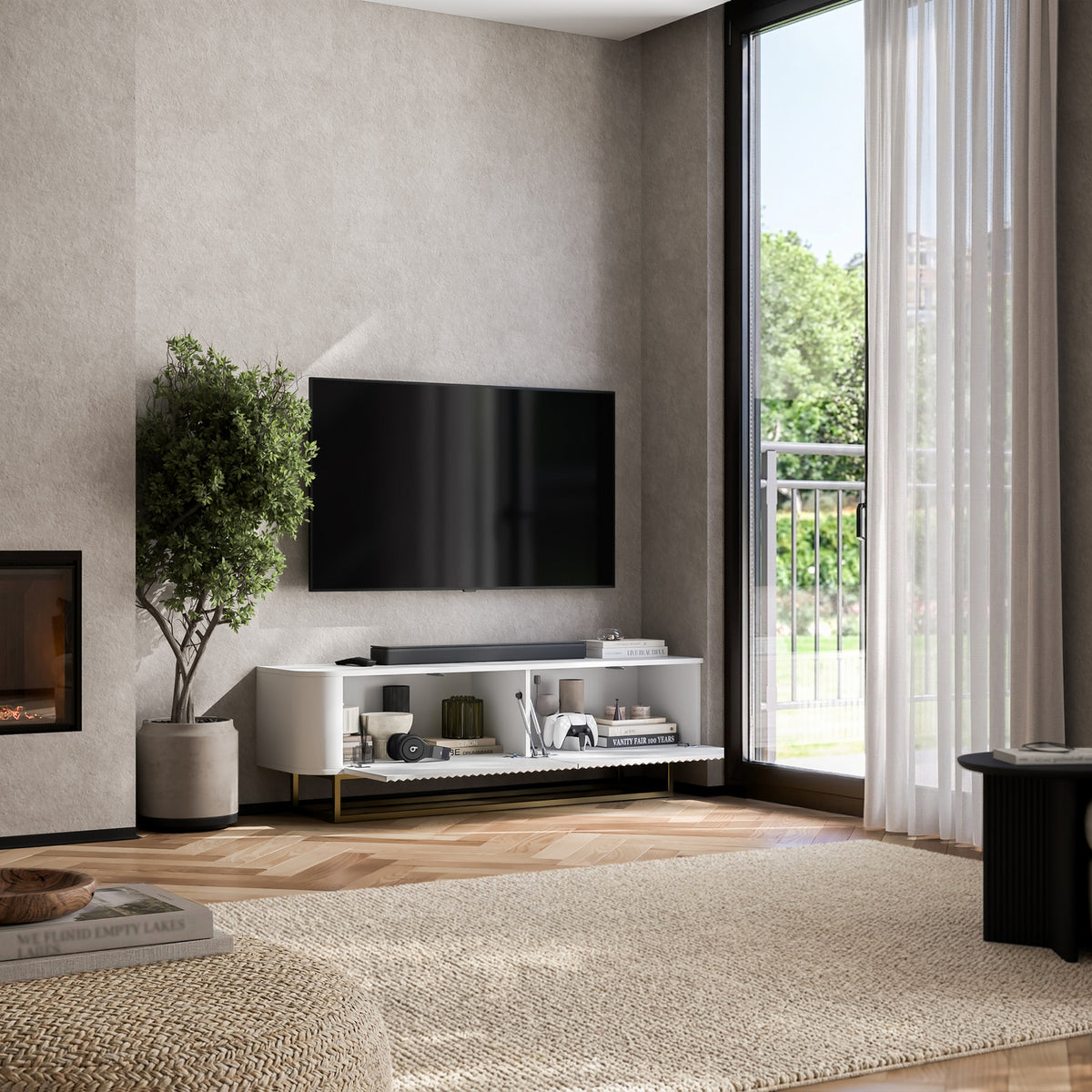 Aurora Rounded Corner Fluted TV Unit 140cm Glamour Style with Frame Stand - White / Gold