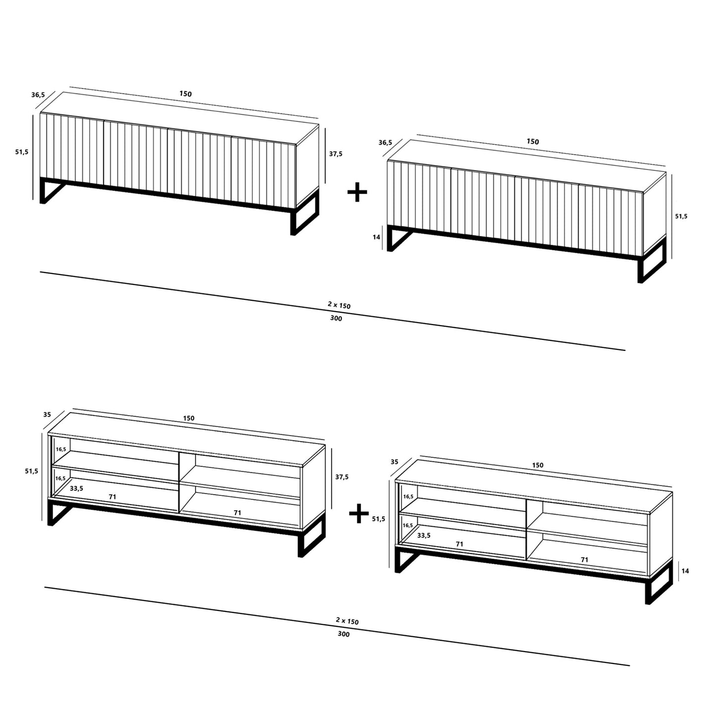 Elpis Glamour Standing TV Cabinet Media Unit with Storage Extra Long 8D 300cm - Navy Matt / Black Frame