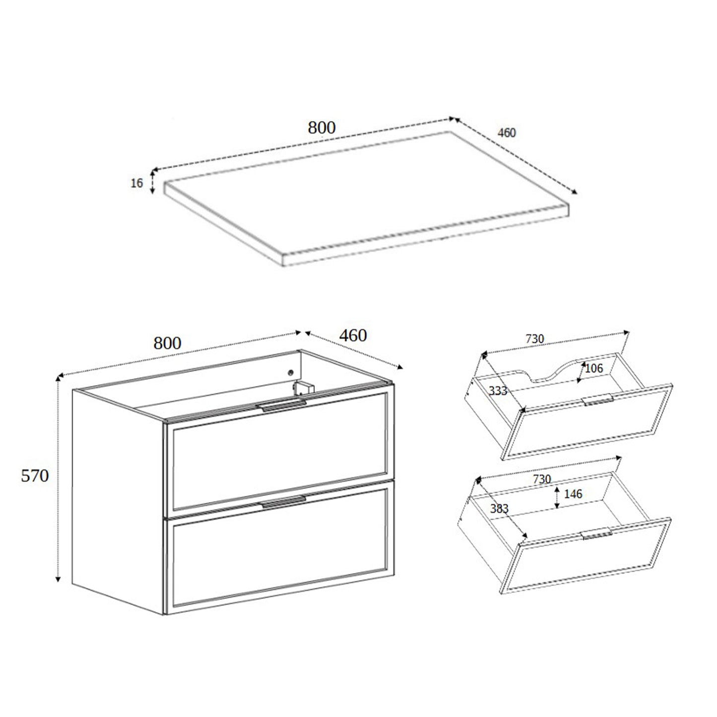 Simple Modern 2 Drawer Bathroom Cabinet Vanity Unit 80cm with Worktop - Gold Craft Oak