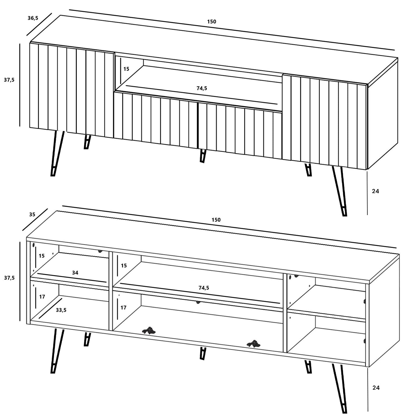 Elpis Glamour Standing TV Cabinet Media Unit with Storage 2D1K 150cm - Cashmere Matt / Black Legs
