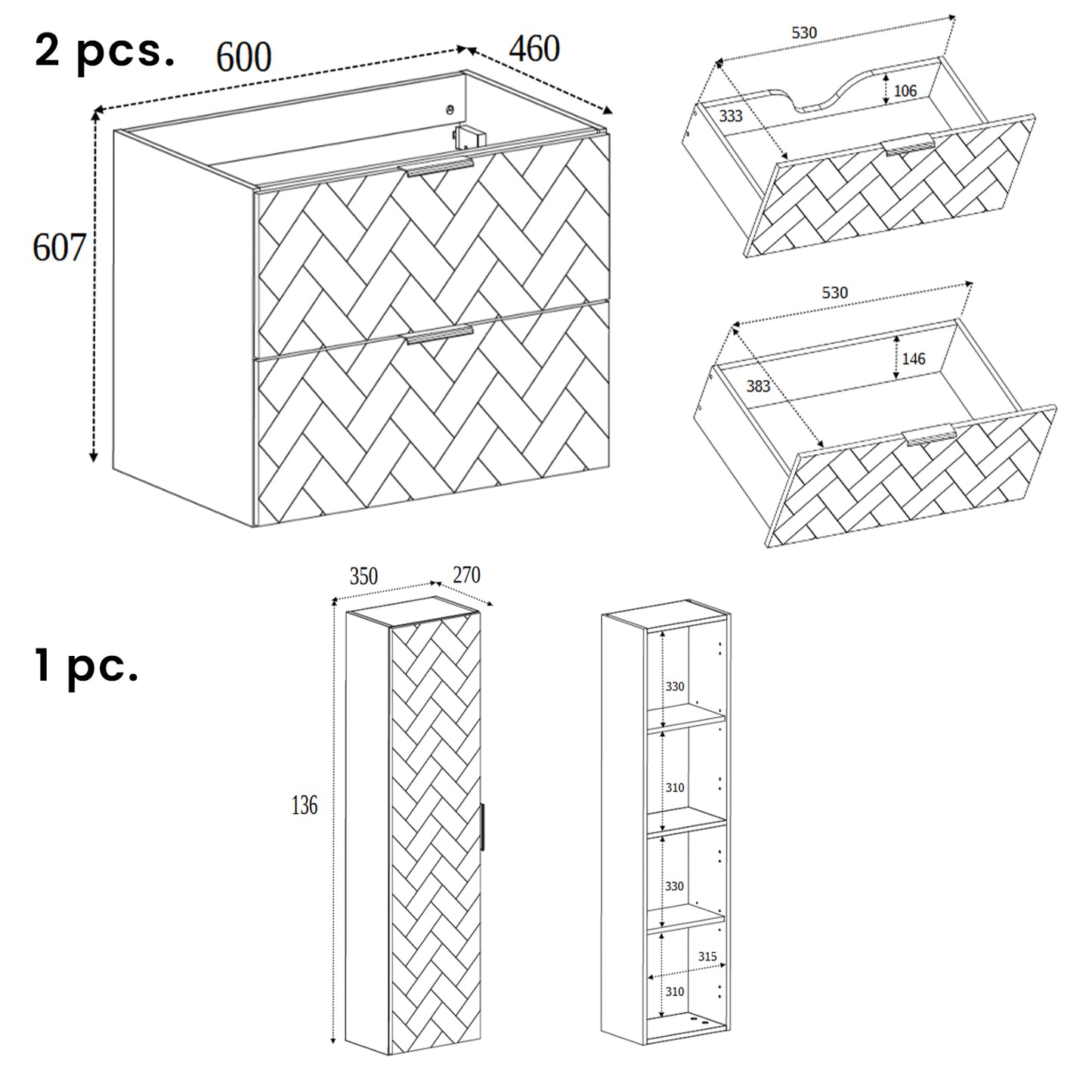 Trend Herringbone Pattern Door Bathroom Cabines Vanity Units Set with Worktop 120cm & 35cm - Black