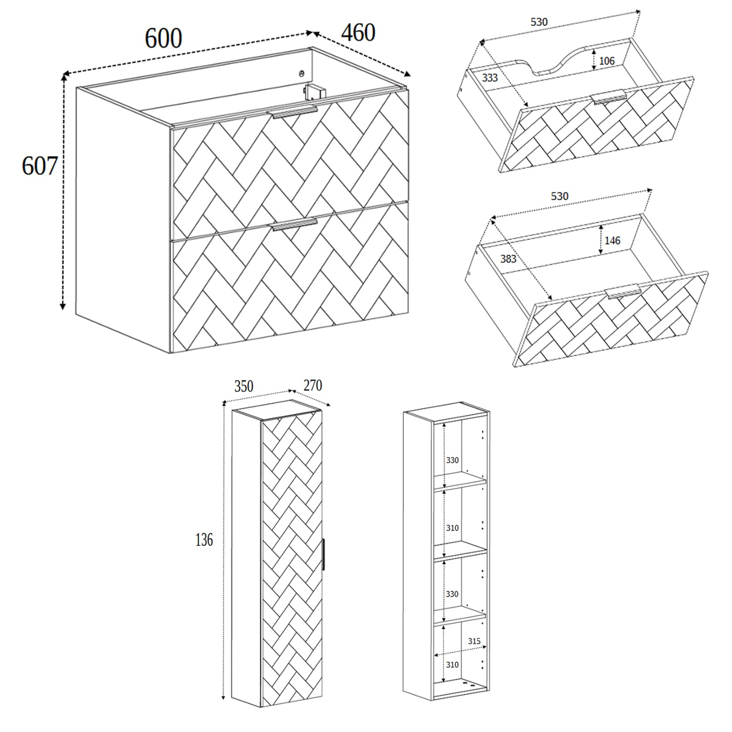 Trend Herringbone Pattern Door Bathroom Cabines Vanity Units Set with Worktop 60cm & 35cm - Cashmere