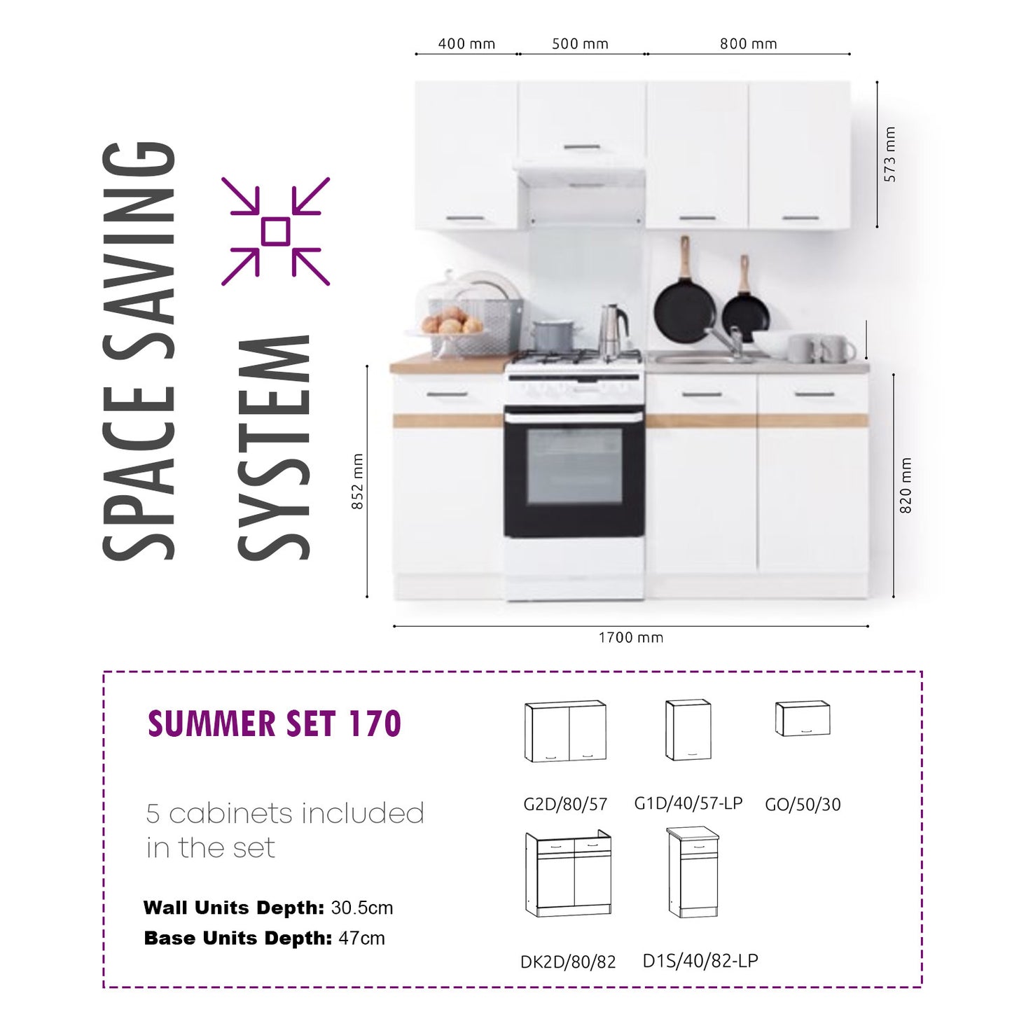 Summer 5 Unit Kitchen Cabinets Set 170cm - Cashmere Matt / Bernstein Oak