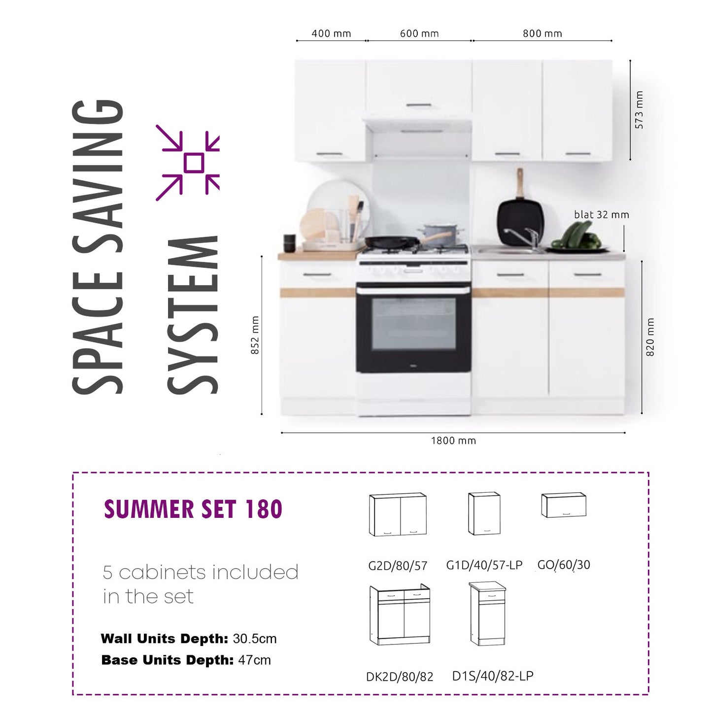 Summer 5 Unit Kitchen Cabinets Set 180cm - Cashmere Matt