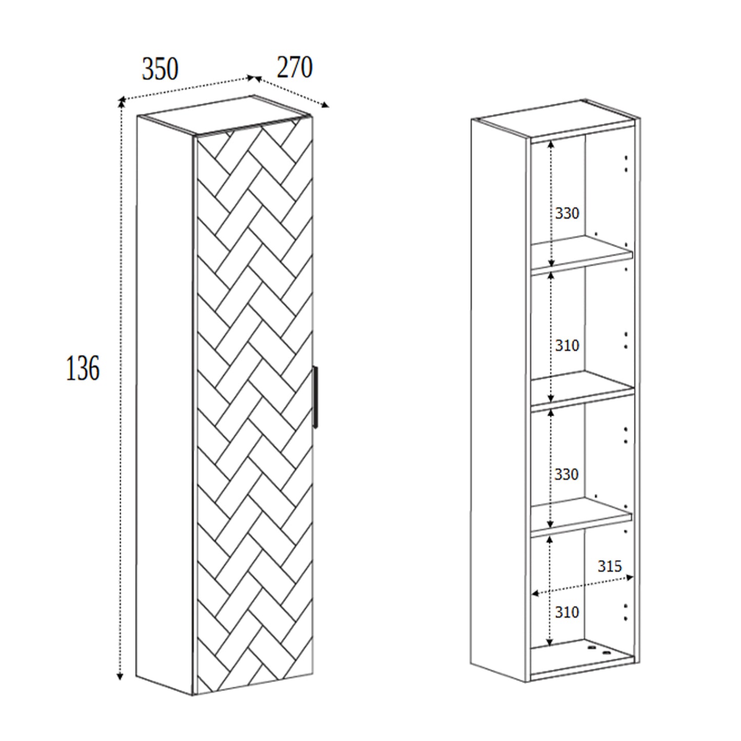 Trend Herringbone Pattern Door Tall Bathroom Cabinet - Gold Craft Oak / Black