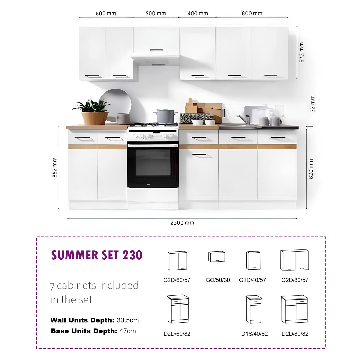 Summer 7 Unit Kitchen Cabinets Set 230cm - Cashmere Matt / Bernstein Oak