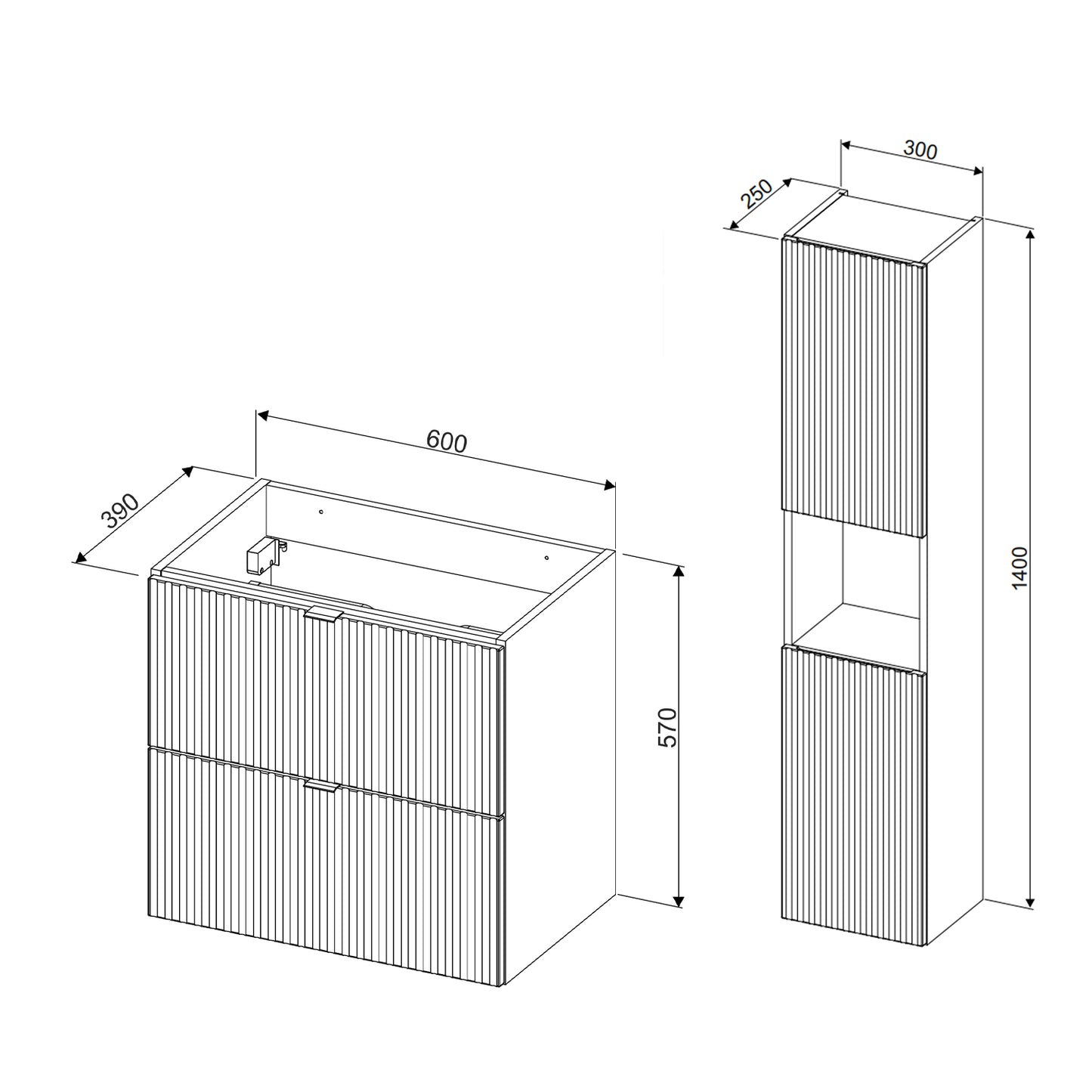 Line Reed Bathroom Wall Mounted 60cm Vanity Unit Set with Tall Cabinet and Worktop Basin - Sage / Oak
