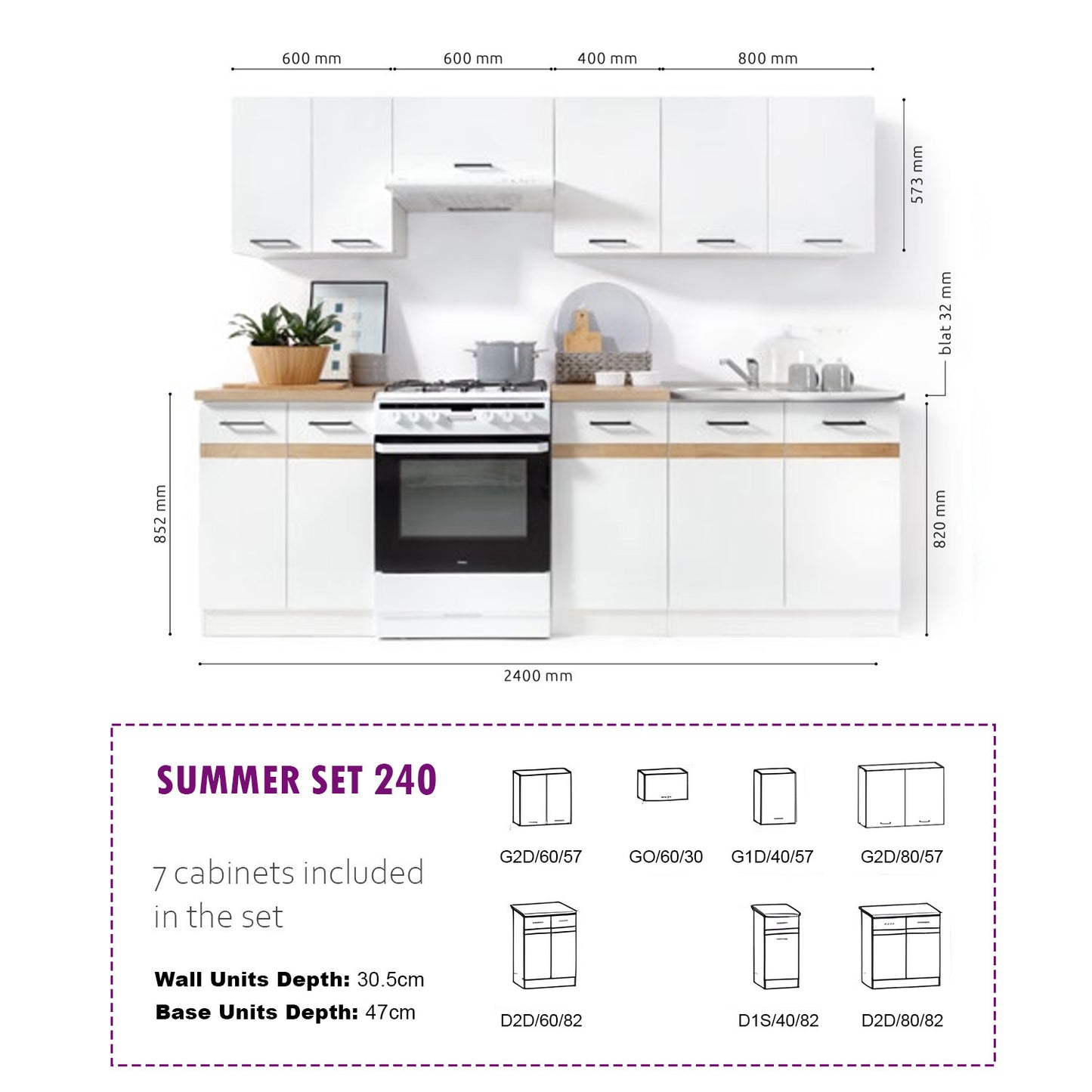 Summer 7 Unit Kitchen Cabinets Set 240cm - Cashmere Matt / Bernstein Oak