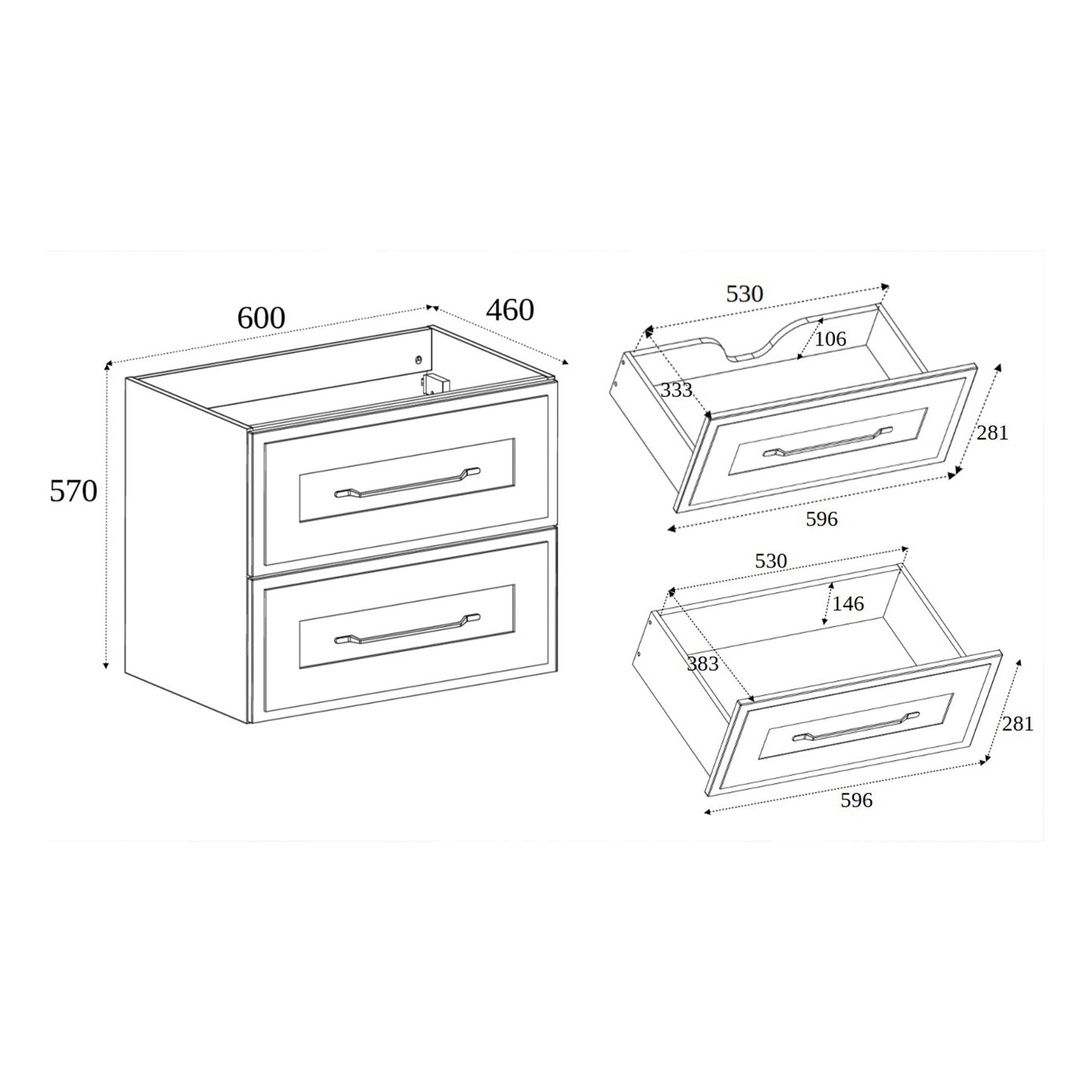 Classic Bathroom 2 Drawer Wall Cabinet Vanity Unit 60cm with Worktop - Cashmere / Oak