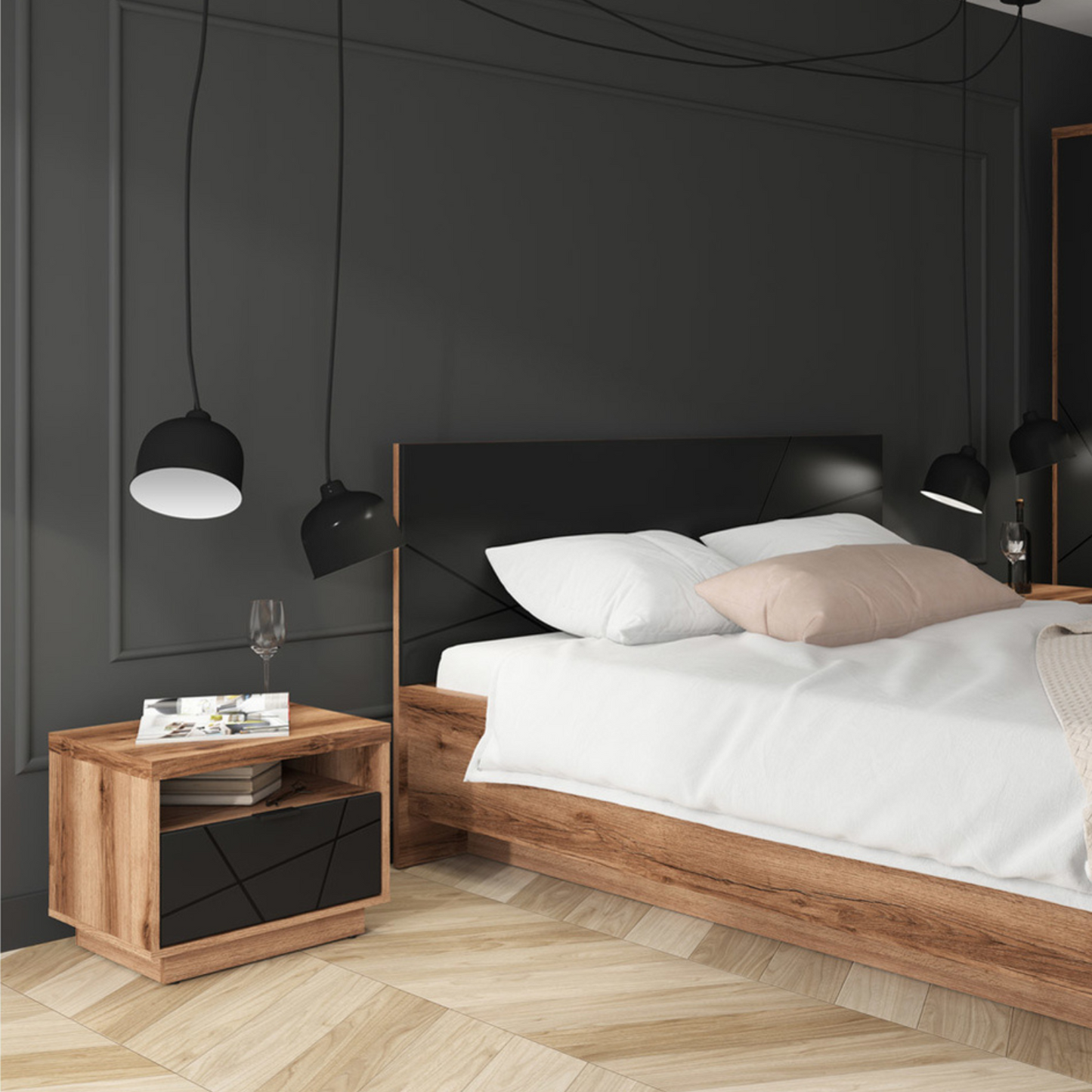 Faisa Bedside Cabinet 50cm with Drawer - Dark Delano Oak / Black Matt