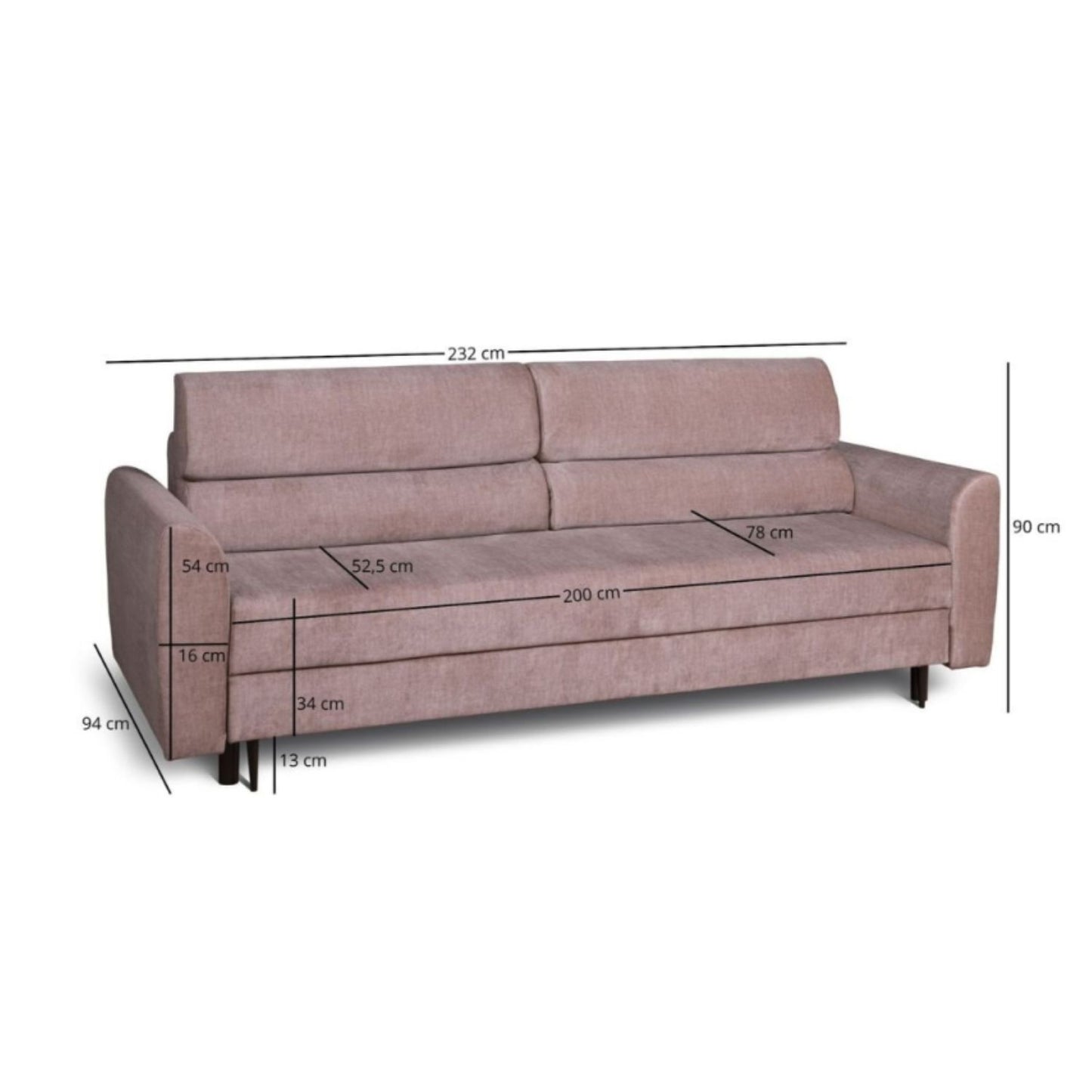 Bolonia 3 Seater Sofa Bed with Storage -Pink