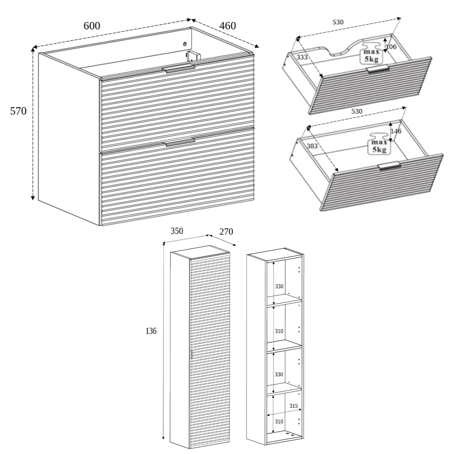 Loft Modern Style Ribbed Door Bathroom Cabines Vanity Units Set with Worktop 60cm & 35cm - Gold Craft Oak