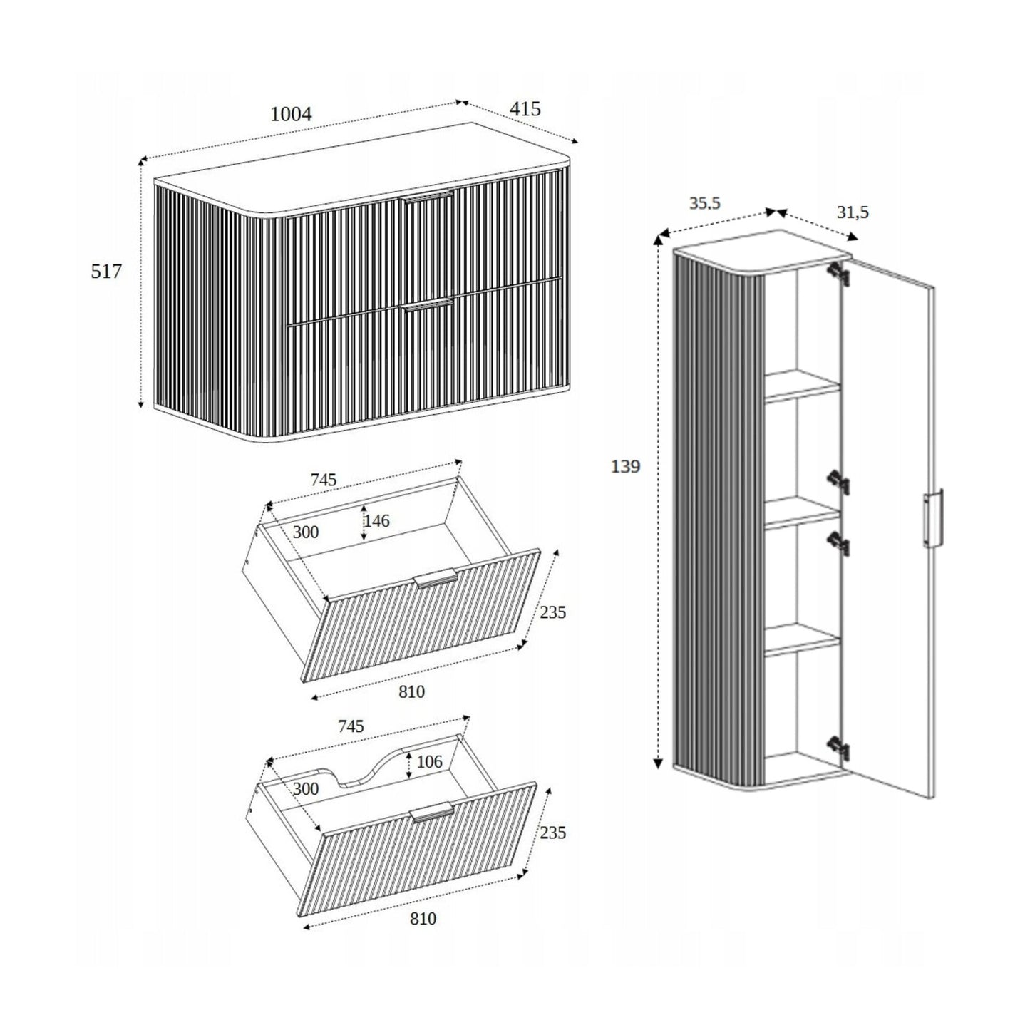 Elegance Glamour Style 2 Bathroom Wall Cabinets Set 35cm & 100cm - White