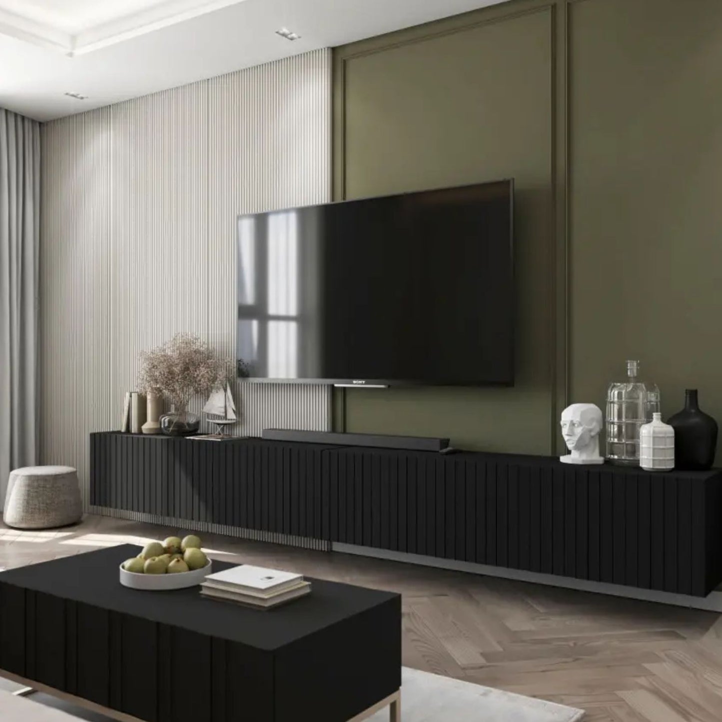 Elpis Glamour TV Cabinet Media Unit Extra Long 300 cm Wall Mounted - Black Matt