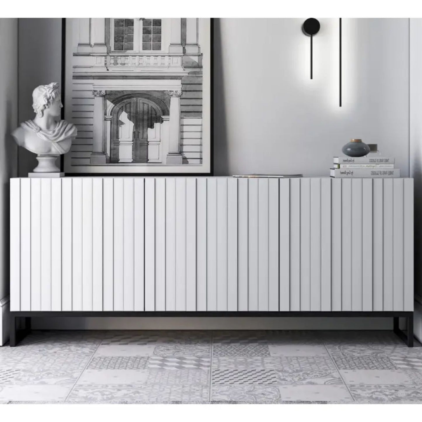 Elpis Glamour Sideboard TV Stand 168cm Push-to-Open Cabinet - White Matt / Black Frame