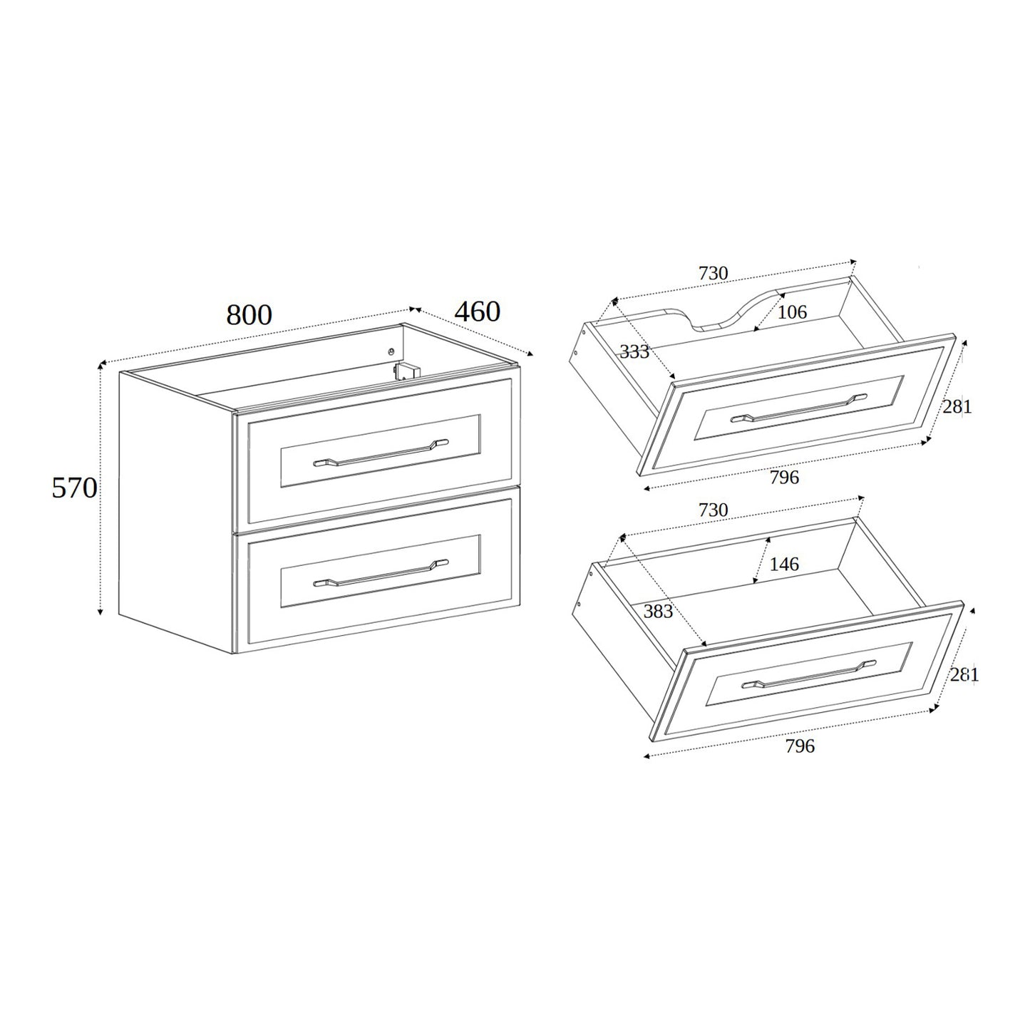 Classic Bathroom 2 Drawer Wall Cabinet Vanity Unit 80cm with Worktop - Cashmere / Oak