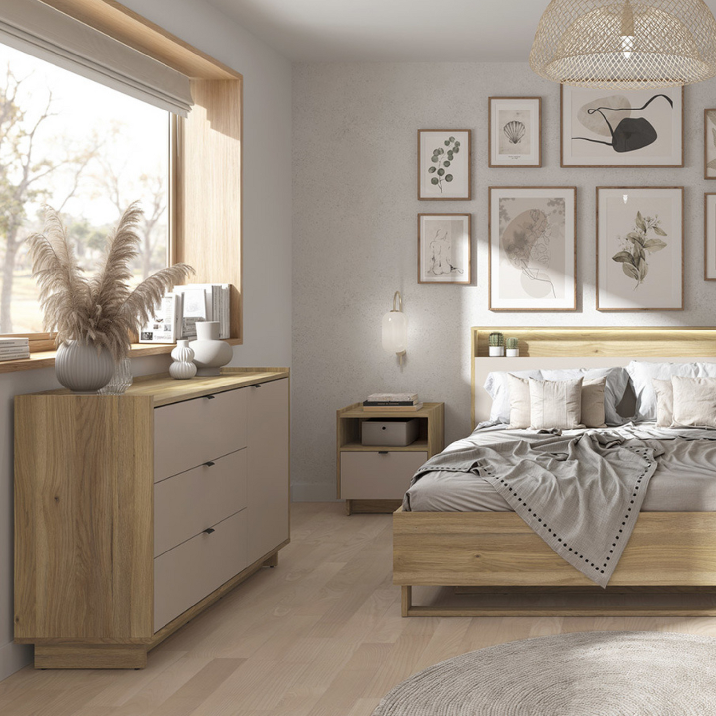 Davina Chest of Drawers 134cm with Doors and 3 Drawers - Mauvella Oak / Cashmere