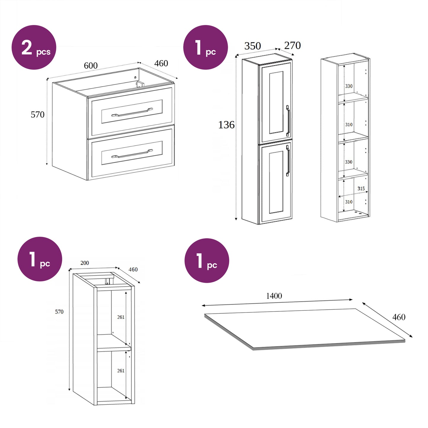 Classic 3 Cabinet Bathroom Vanity Unit Set 140cm with Tall Cabinet and Worktop - White / Oak