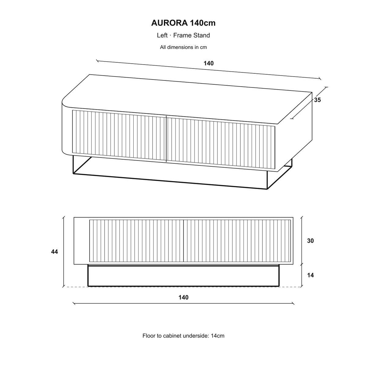 Aurora Rounded Corner Fluted TV Unit 140cm Glamour Style with Frame Stand - Cashmere / Black
