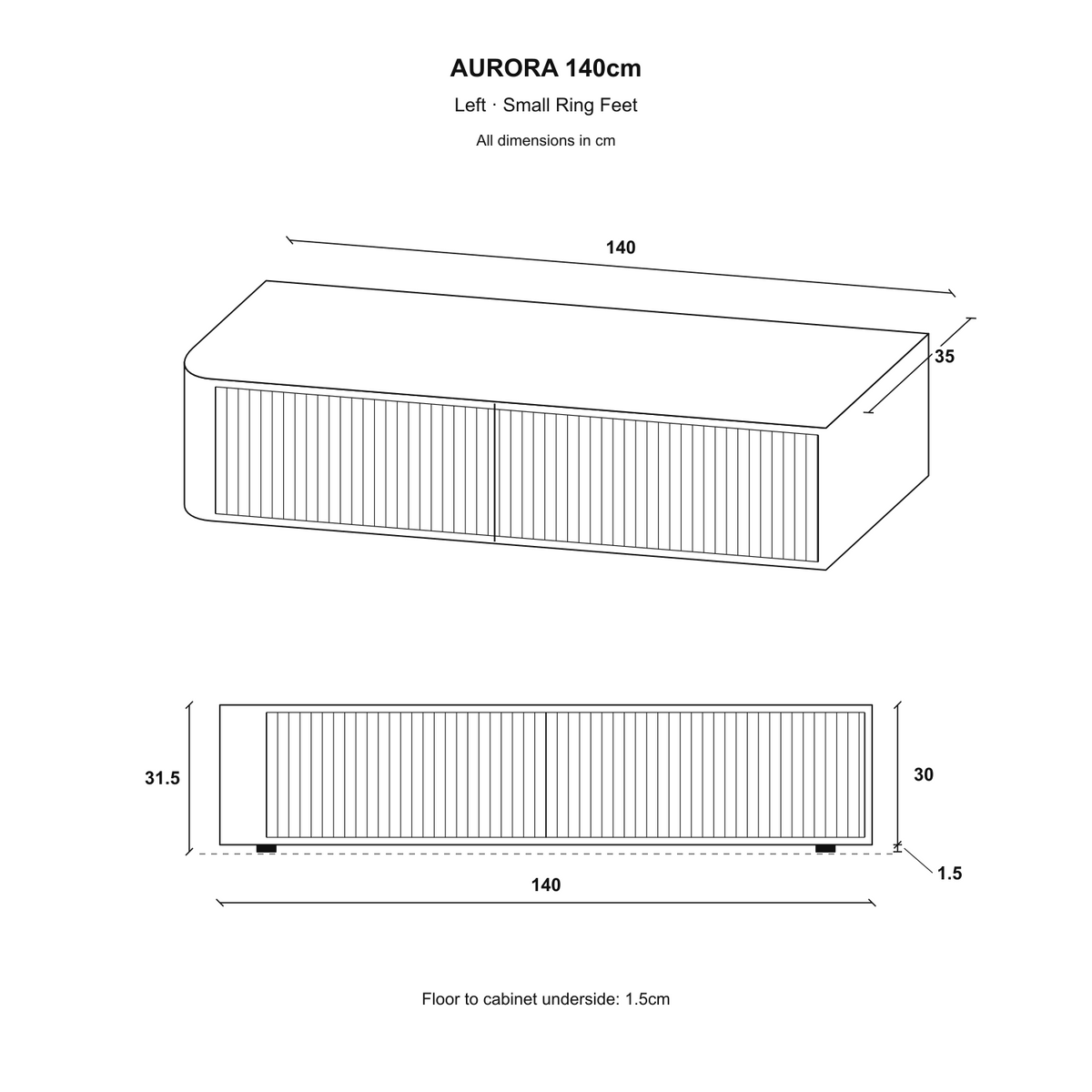 Aurora Rounded Corner Fluted TV Unit 140cm Glamour Style with Floor Pads - White