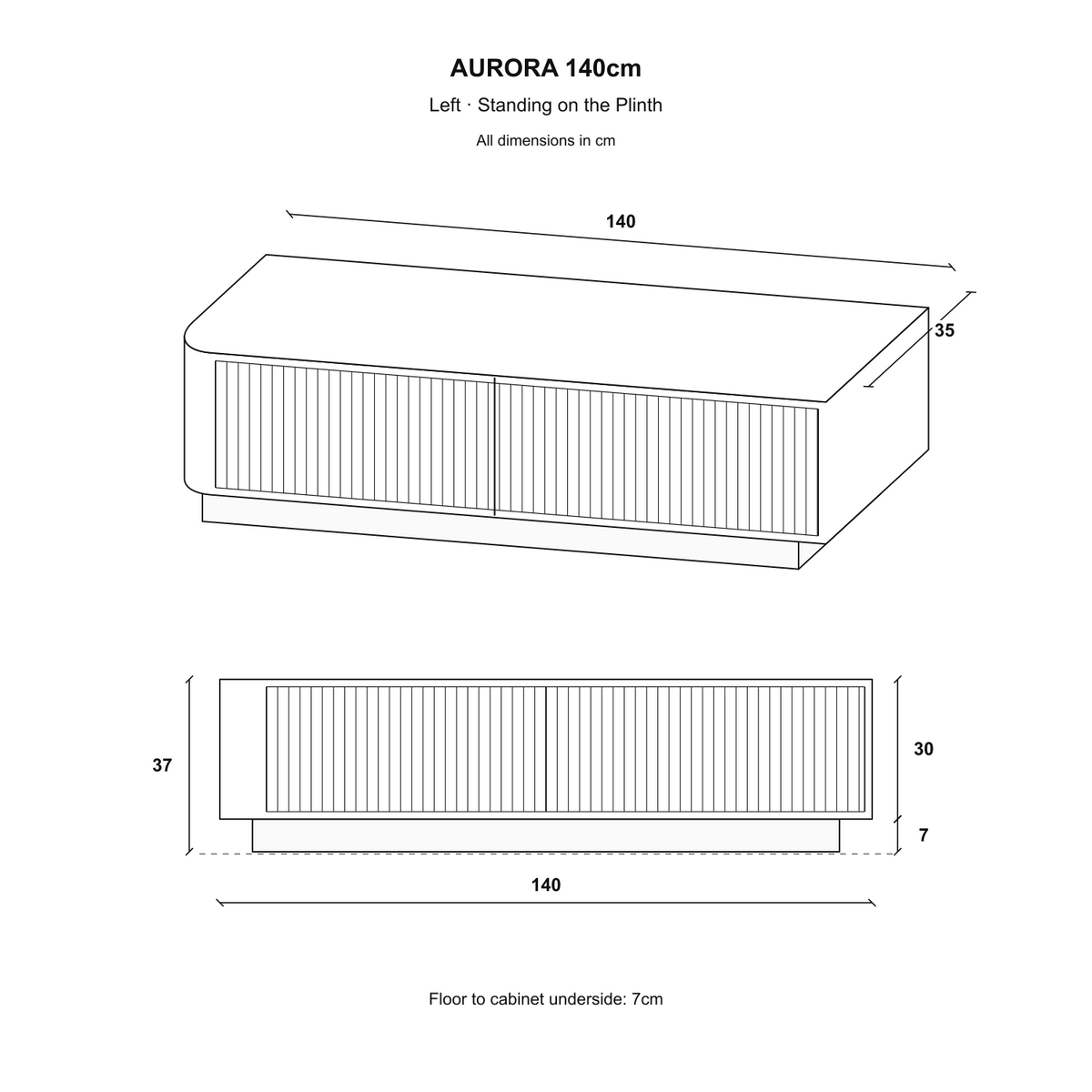 Aurora Rounded Corner Flutted TV Unit 140cm Glamour Style with Plinth Stand - Cashmere