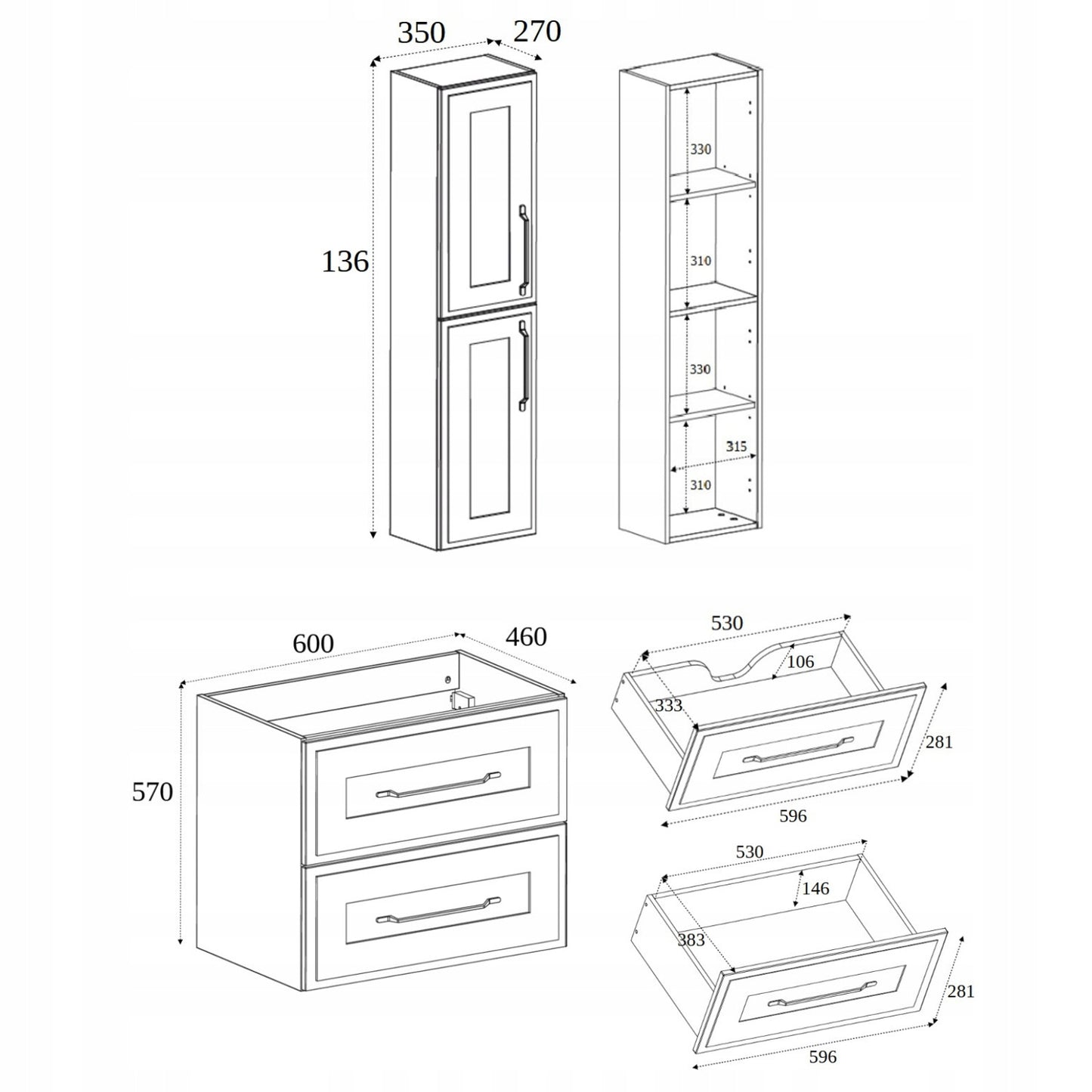 Classic 2 Bathroom Vanity Units Wall Cabinets Set 35cm & 60cm with Worktop - Black / Oak