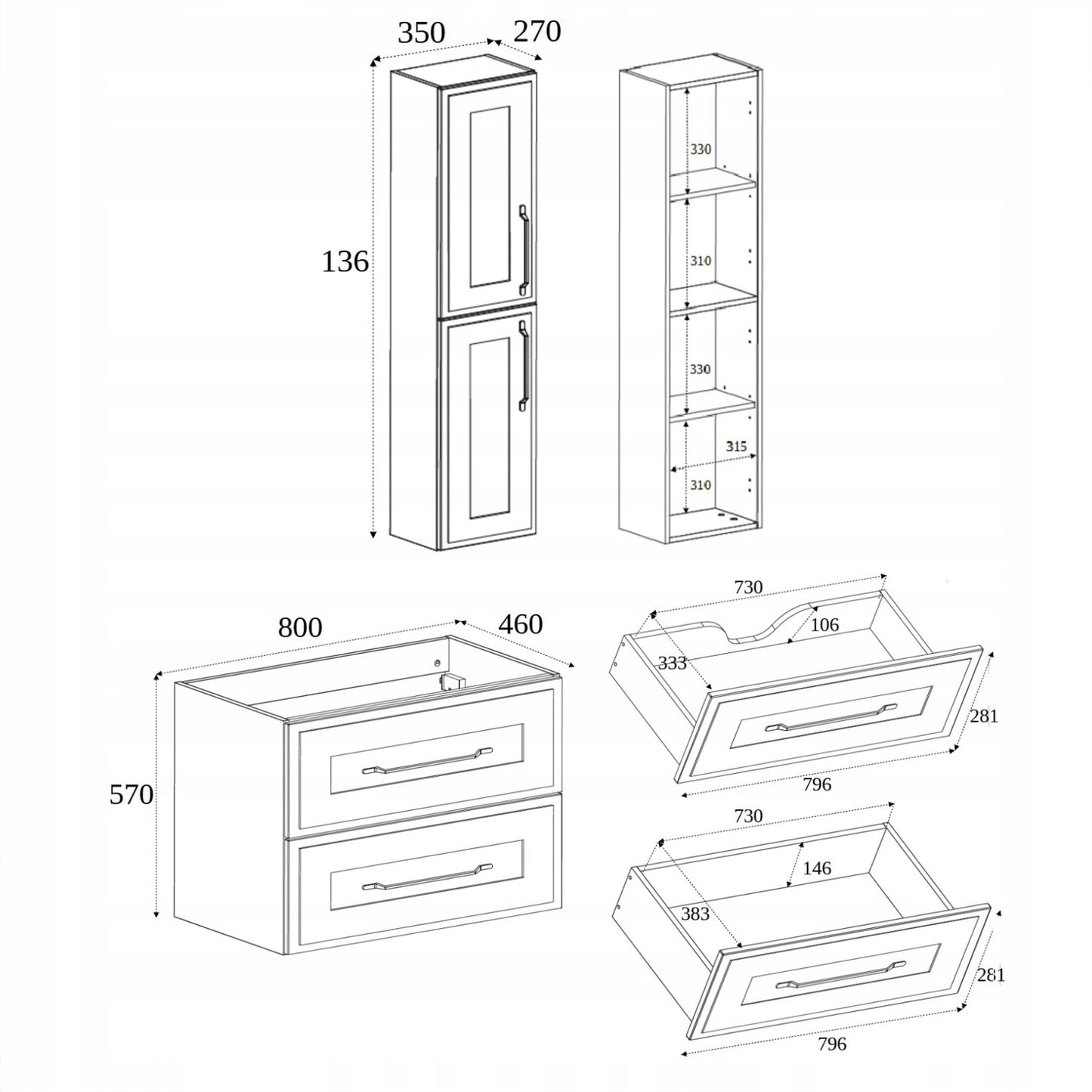 Classic 2 Bathroom Vanity Units Wall Cabinets Set 35cm & 80cm with Worktop - White / Oak