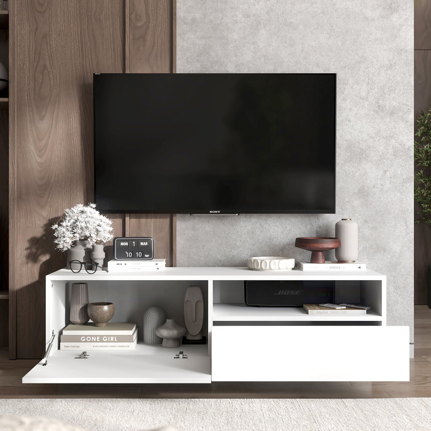 Enjoy Minimalist Stand TV Unit with open shelf - White