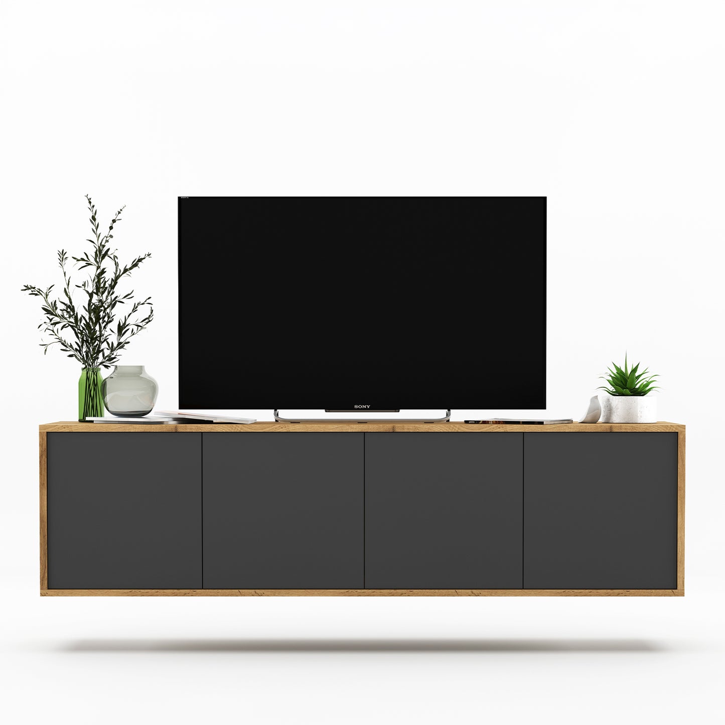 Apollo Modern Wall-Mounted TV Unit with 4 Door Design – Grey / Oak Wotan