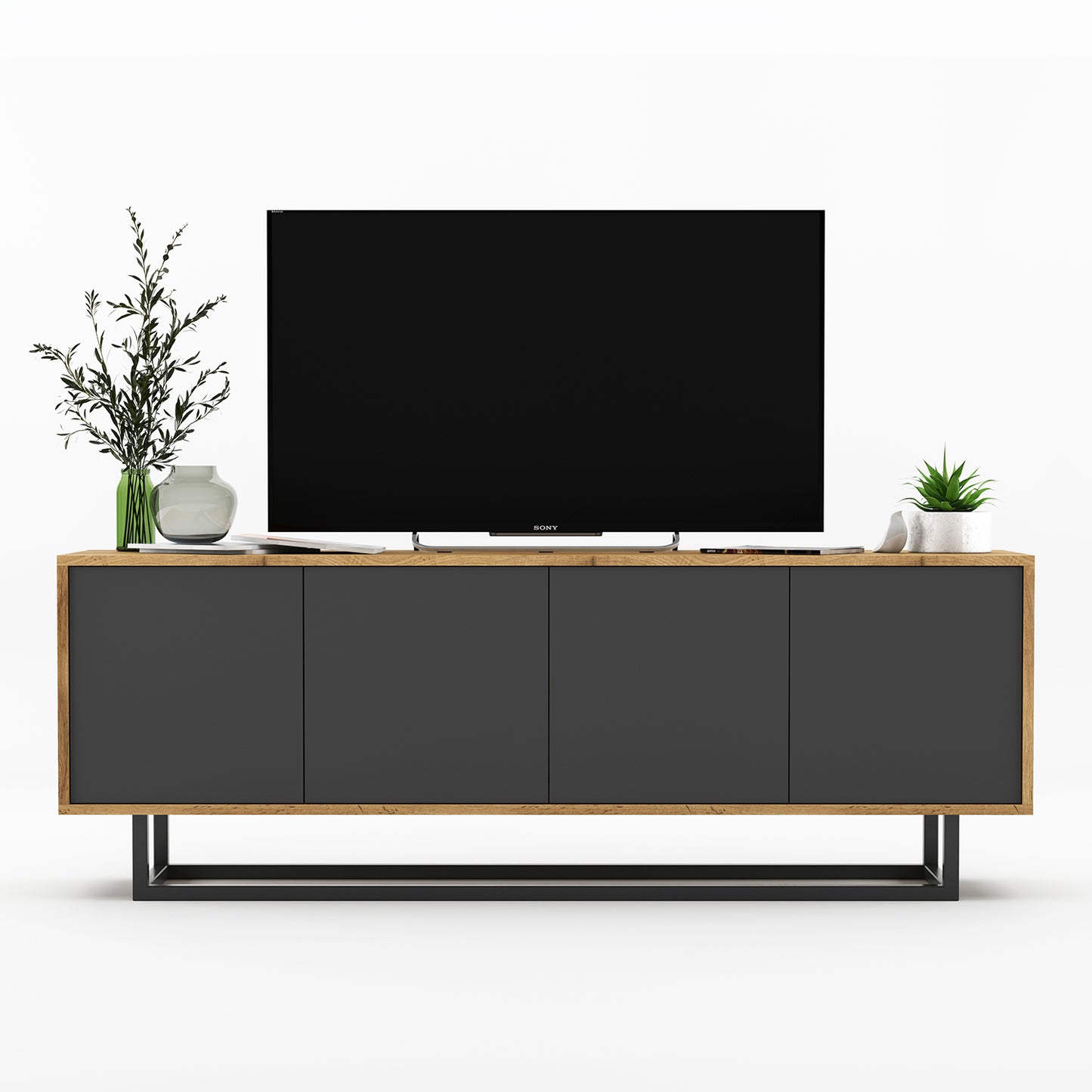 Apollo Modern TV Unit with 4-Door Design and Metal Base – Grey / Oak Wotan