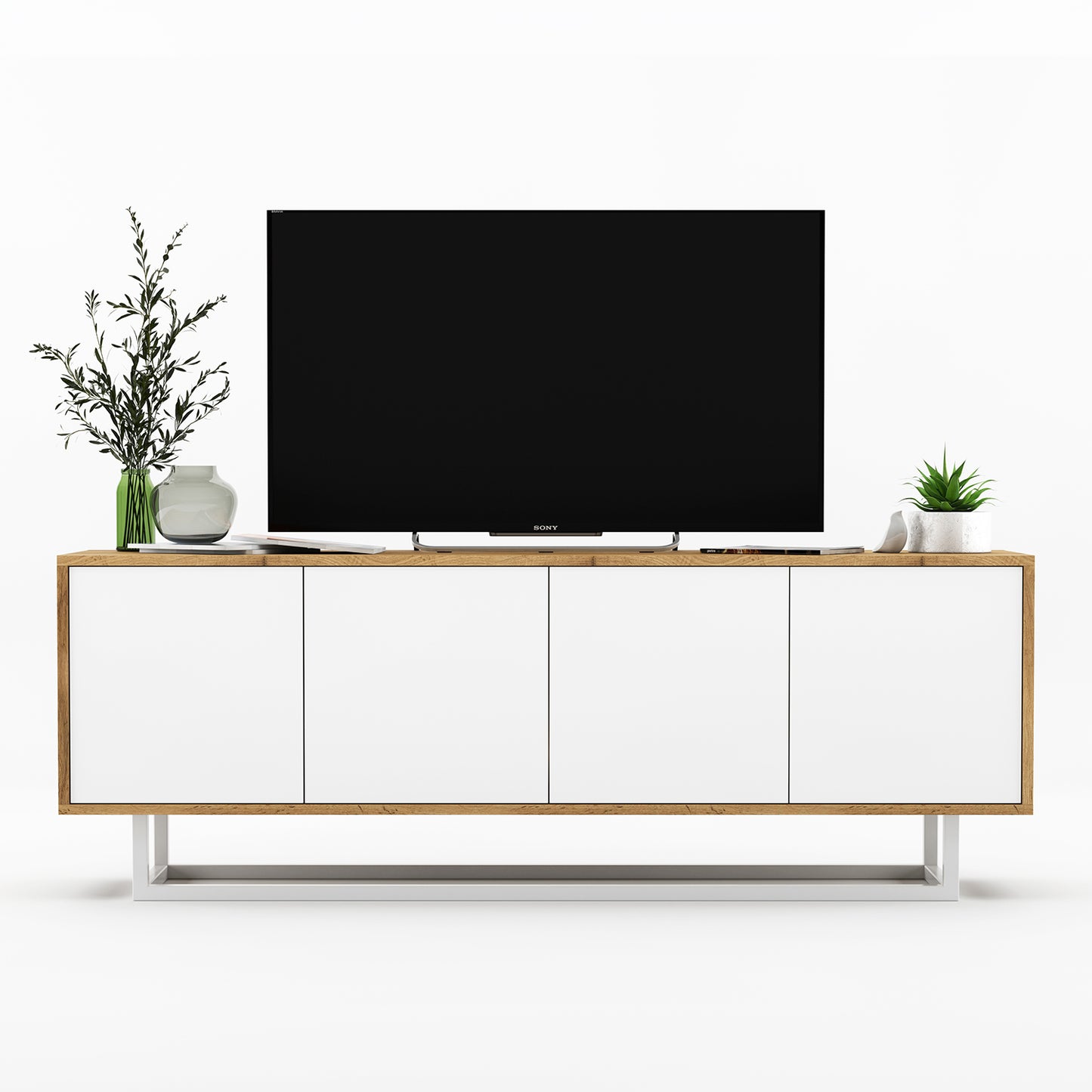 Apollo Modern TV Unit with 4-Door Design and Metal Base – White / Oak Wotan