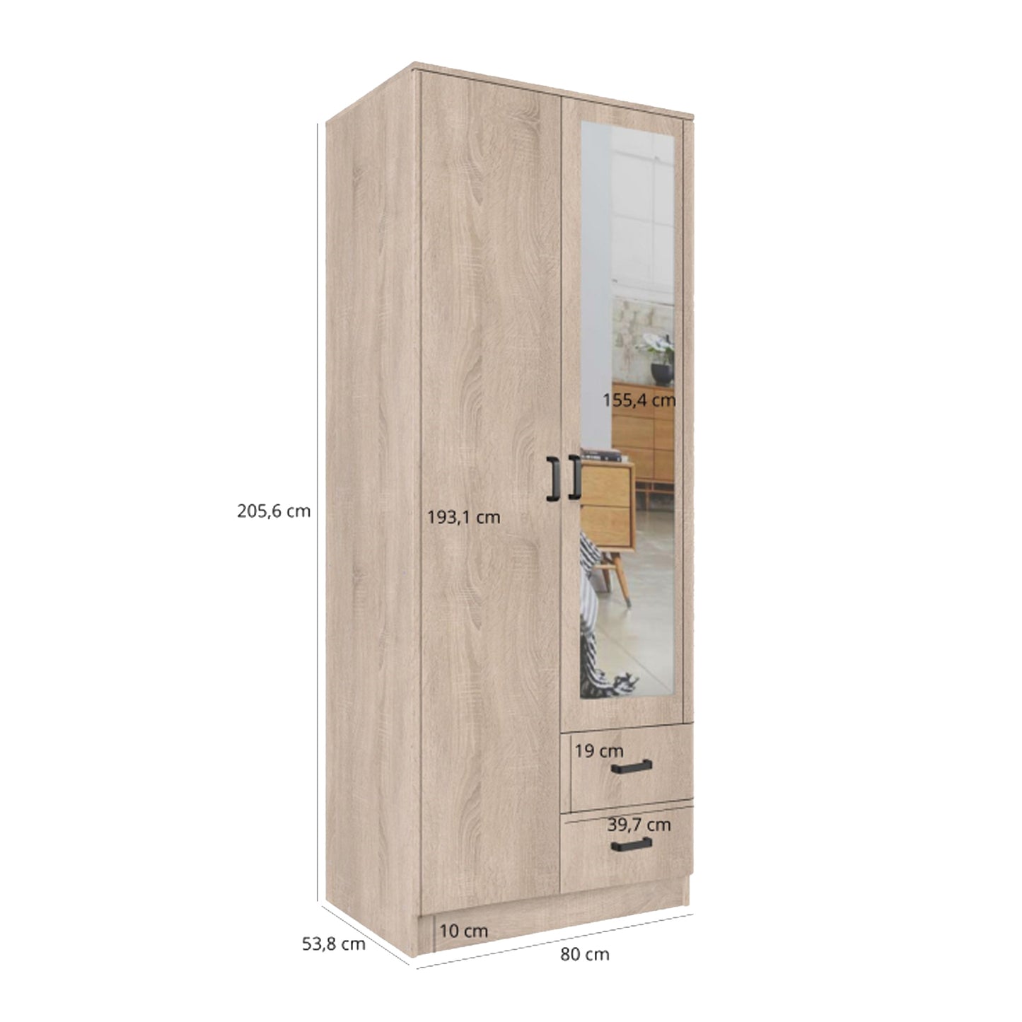 Tilly 2 Door Minimalist Style Mirrored Wardrobe with Drawers 80cm - Sonoma Oak