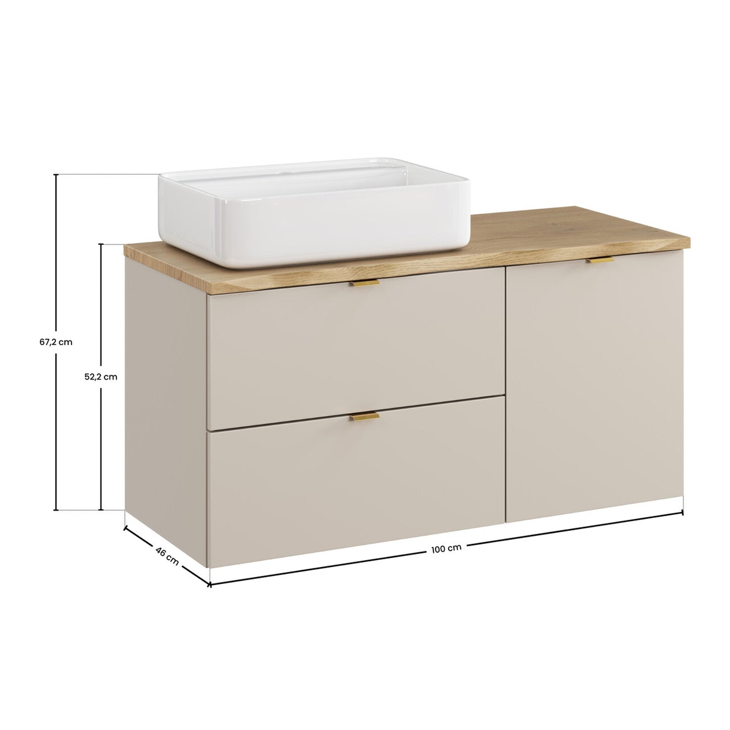 Dalia Bathroom Cabinet 100cm with Worktop, Laundry Basket Cabinet and Countertop Basin - Cashmere / Cremona Oak