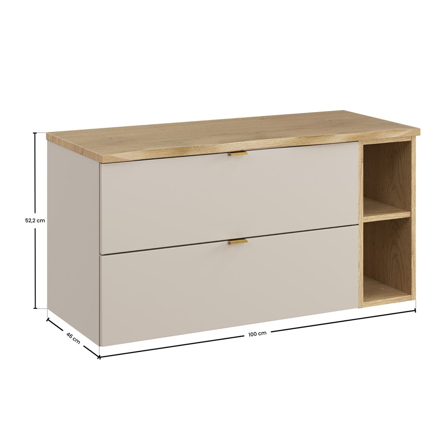 Dalia 2 Drawer Bathroom Cabinet Vanity Unit 100cm with Worktop and Open Shelving - Cashmere / Cremona Oak