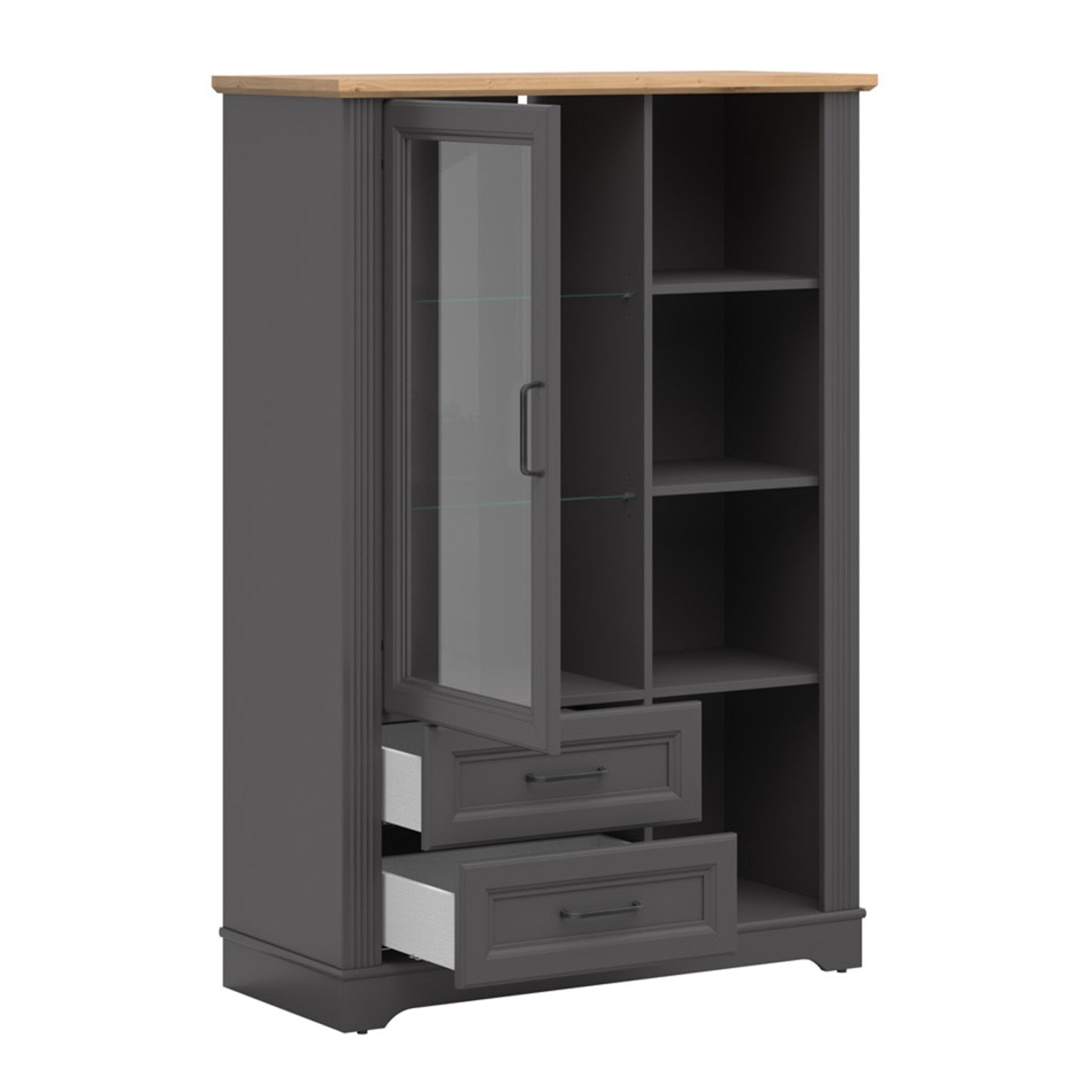 Toya Tall Display Cabinet with Glass Door, Drawers and Shelves - Graphite / Artisan Oak