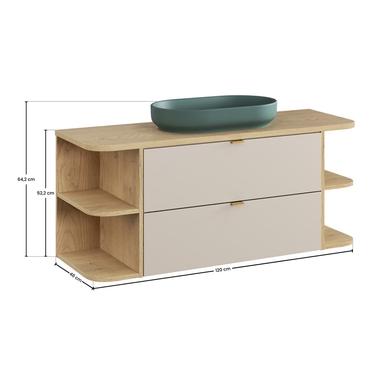 Dalia 2 Drawer Bathroom Cabinet Vanity Unit 120cm with Worktop, Two Rounded Open Shelves and Countertop Basin - Cashmere / Cremona Oak