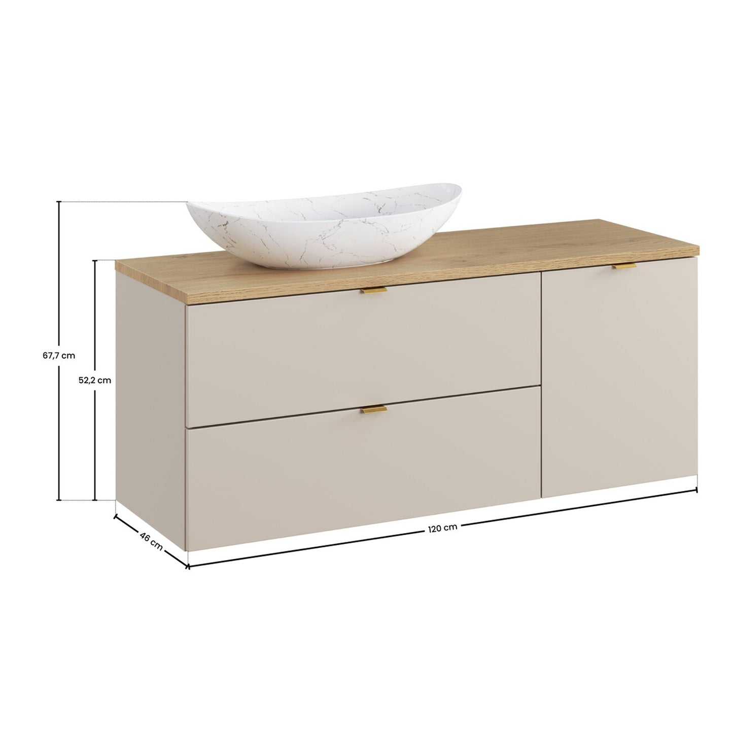 Dalia Bathroom Cabinet 120cm with Worktop, Laundry Basket Cabinet and Countertop Basin - Cashmere / Cremona Oak