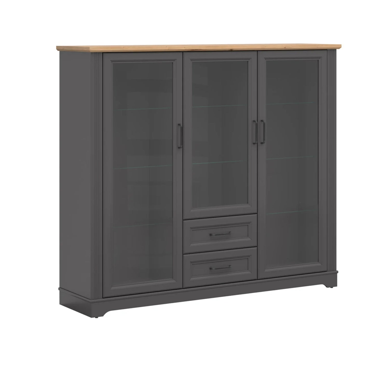 Toya Large Showcase Cabinet with Glass Doors and Drawers - Graphite / Artisan Oak