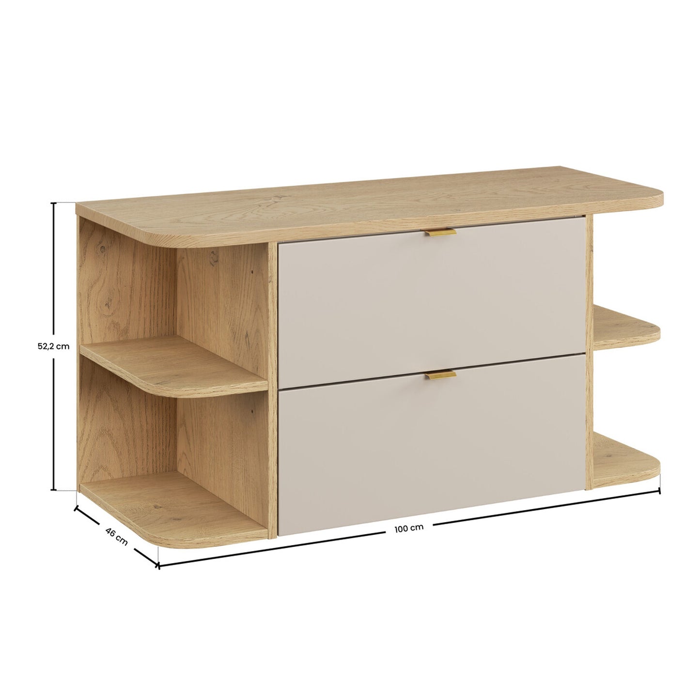 Dalia 2 Drawer Bathroom Cabinet Vanity Unit 100cm with Worktop and Two Rounded Open Shelves - Cashmere / Cremona Oak
