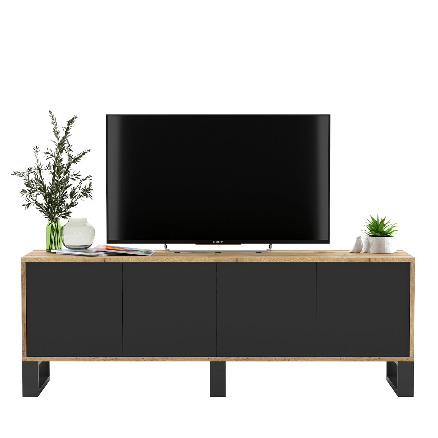 Apollo Modern TV Unit with 4-Door Design and Three Metal Legs – Black / Oak Wotan