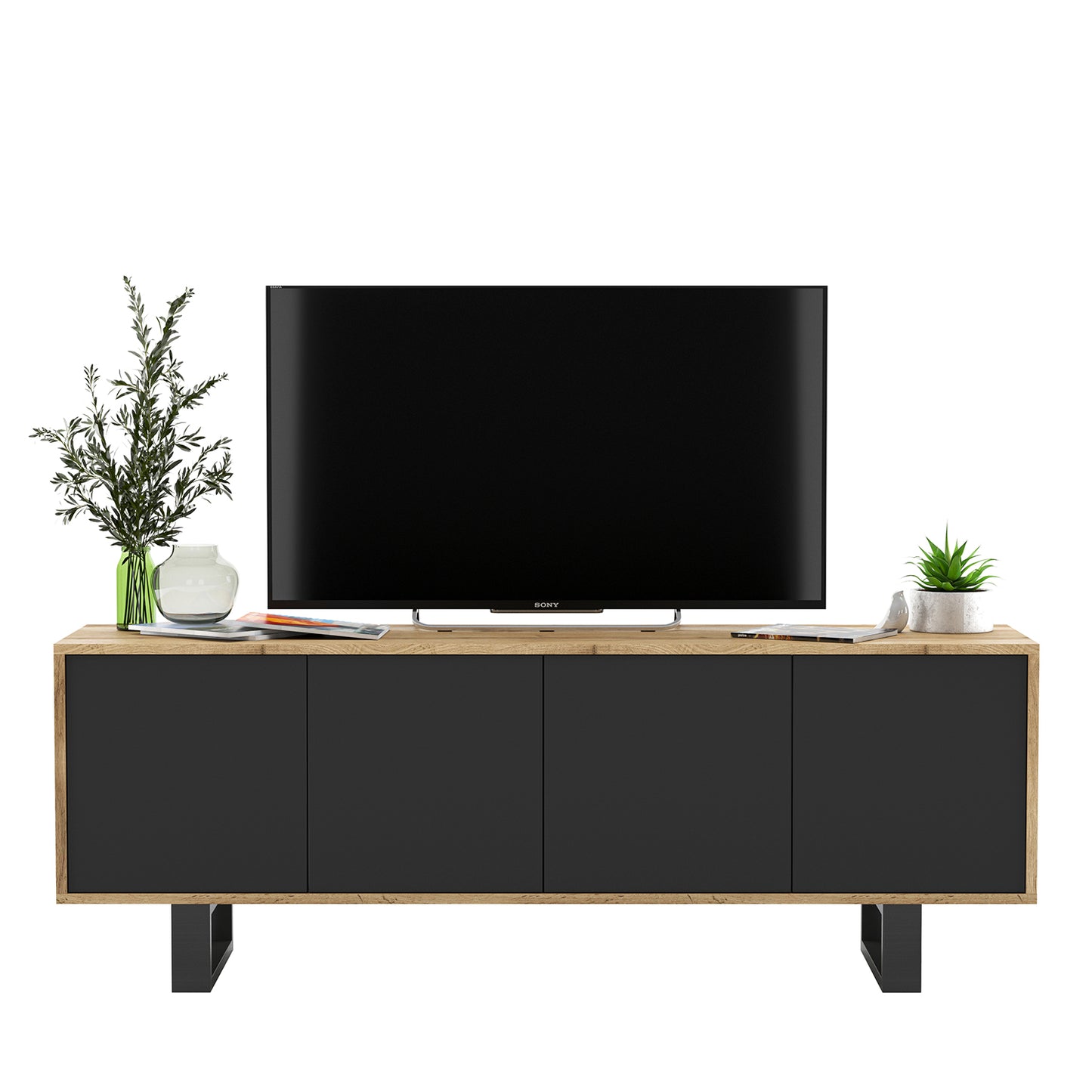 Apollo Modern TV Unit with 4-Door Design and Metal Legs – Black / Oak Wotan