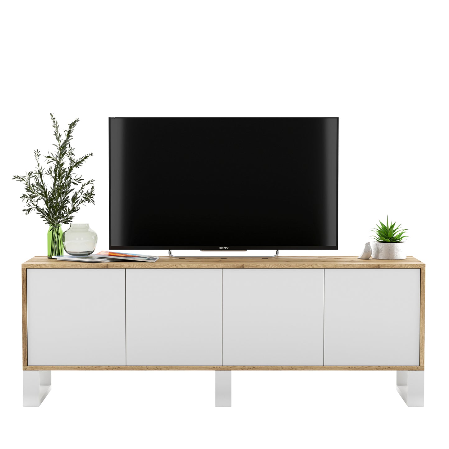 Apollo Modern TV Unit with 4-Door Design and Three Metal Legs – White / Oak Wotan