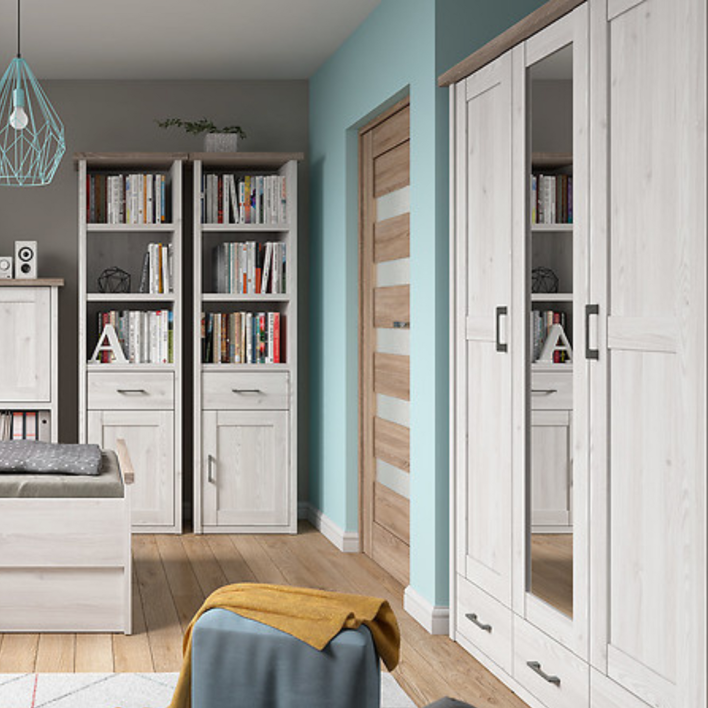 Loca Three-Door Wardrobe with Mirror and Drawers - Sibiu Larch / Dark Sonoma Oak